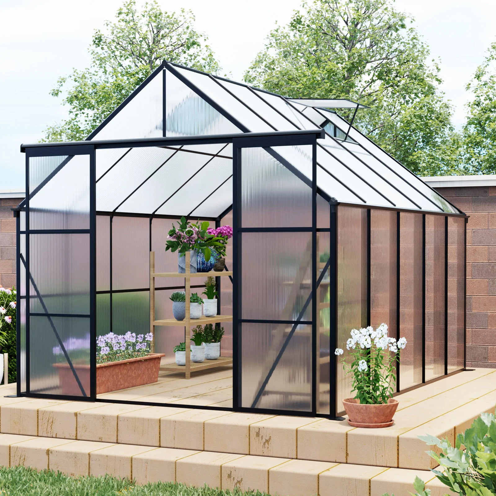 Double Door Polycarbonate house Raised Base And Anchor Aluminum Heavy Duty Walk In houses For Outdoor Backyard In All Season - Image 14