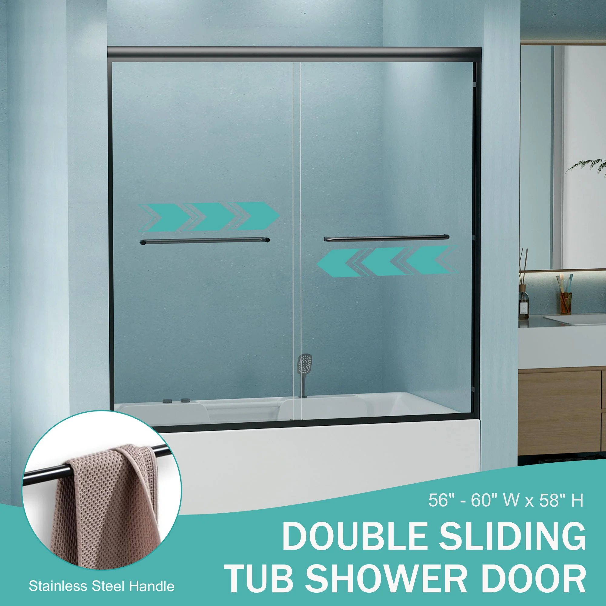 Double Sliding Bathtub Shower Door, Semi Frameless Bypass, 1 / 4" (6Mm) With Explosion - Proof Film, Adjustable Aluminum Alloy Frame - Image 6