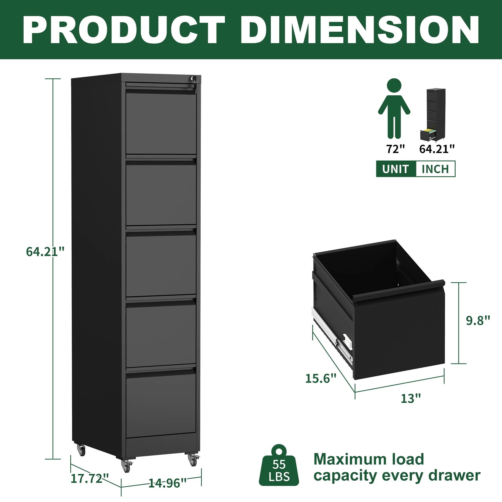 Drawer Metal Locking Vertical File Cabinet With Wheels Heavy Duty Lockable Storage - Image 13