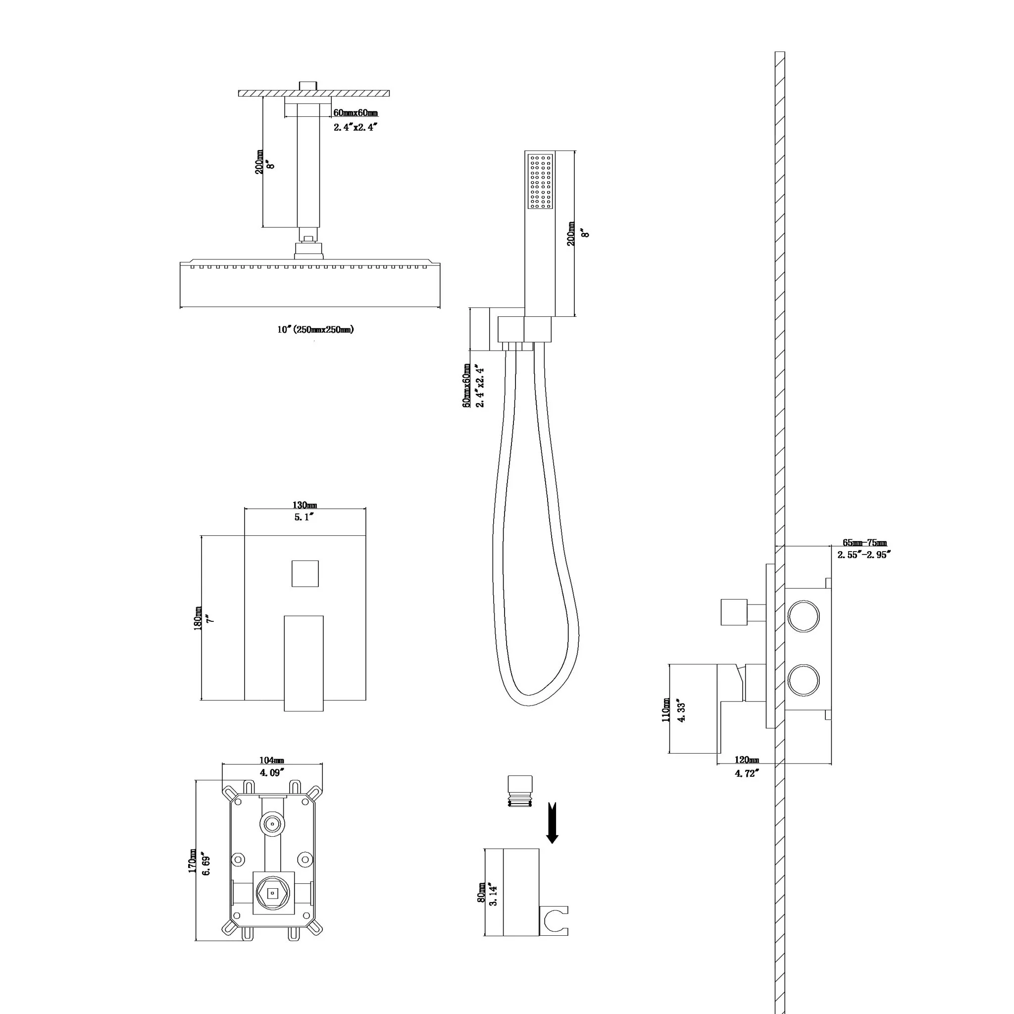 Dual Shower Head 10" Ceiling Mount Square Shower System With Rough In Valve - Matte Black - Image 2
