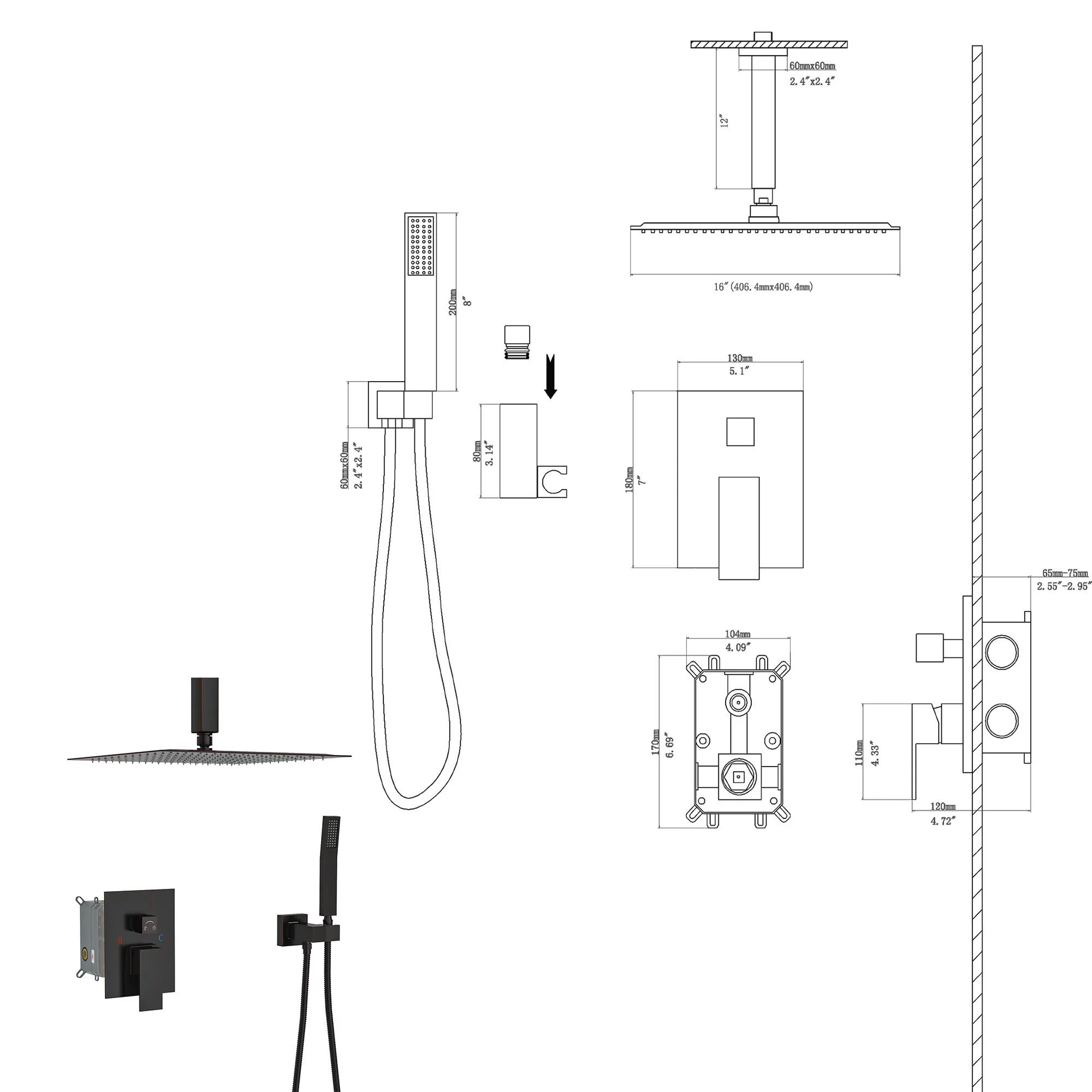 Dual Shower Head 16" Ceiling Mount Square Shower System With Rough In Valve - Image 4