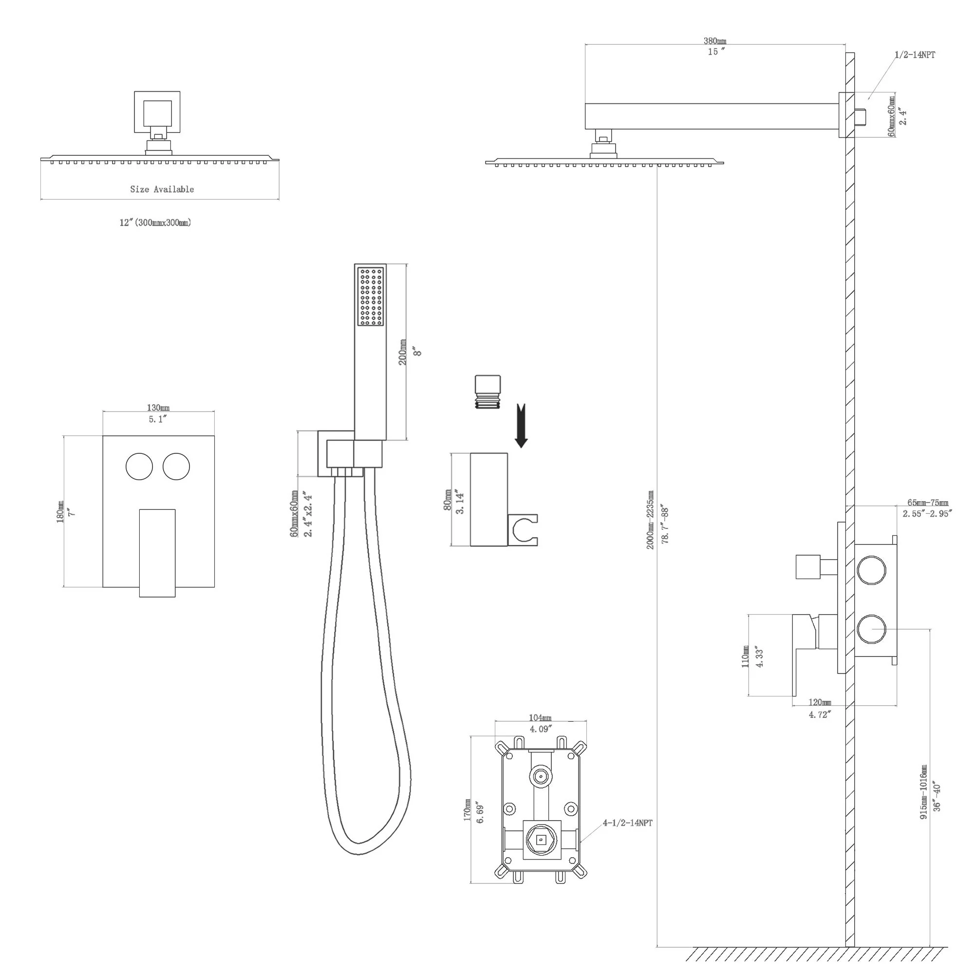 Dual Shower Head System With Square Rain Shower And Rough In Valve - Image 7