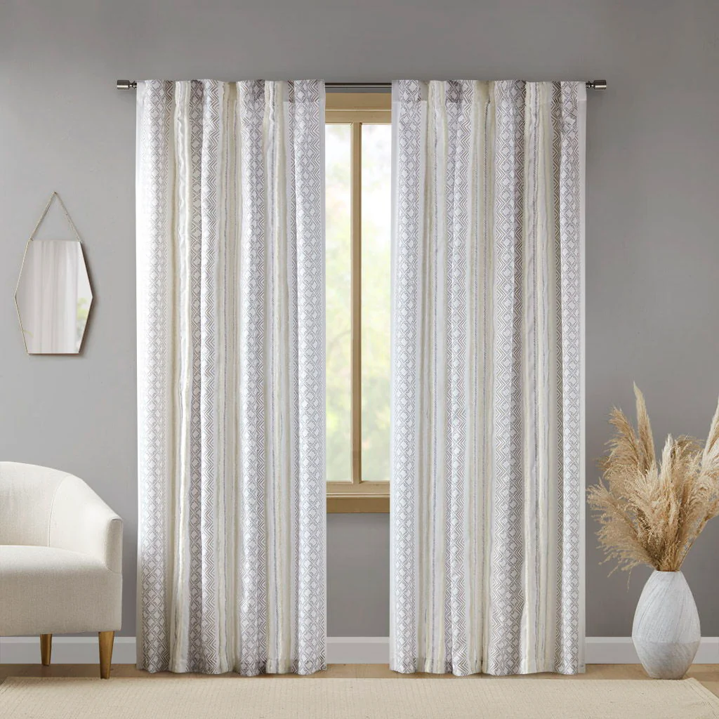 Ebby - 50x95" Poly Printed Curtain Panel With Tufted Stripe (Set of 2) - White / Taupe - Image 3