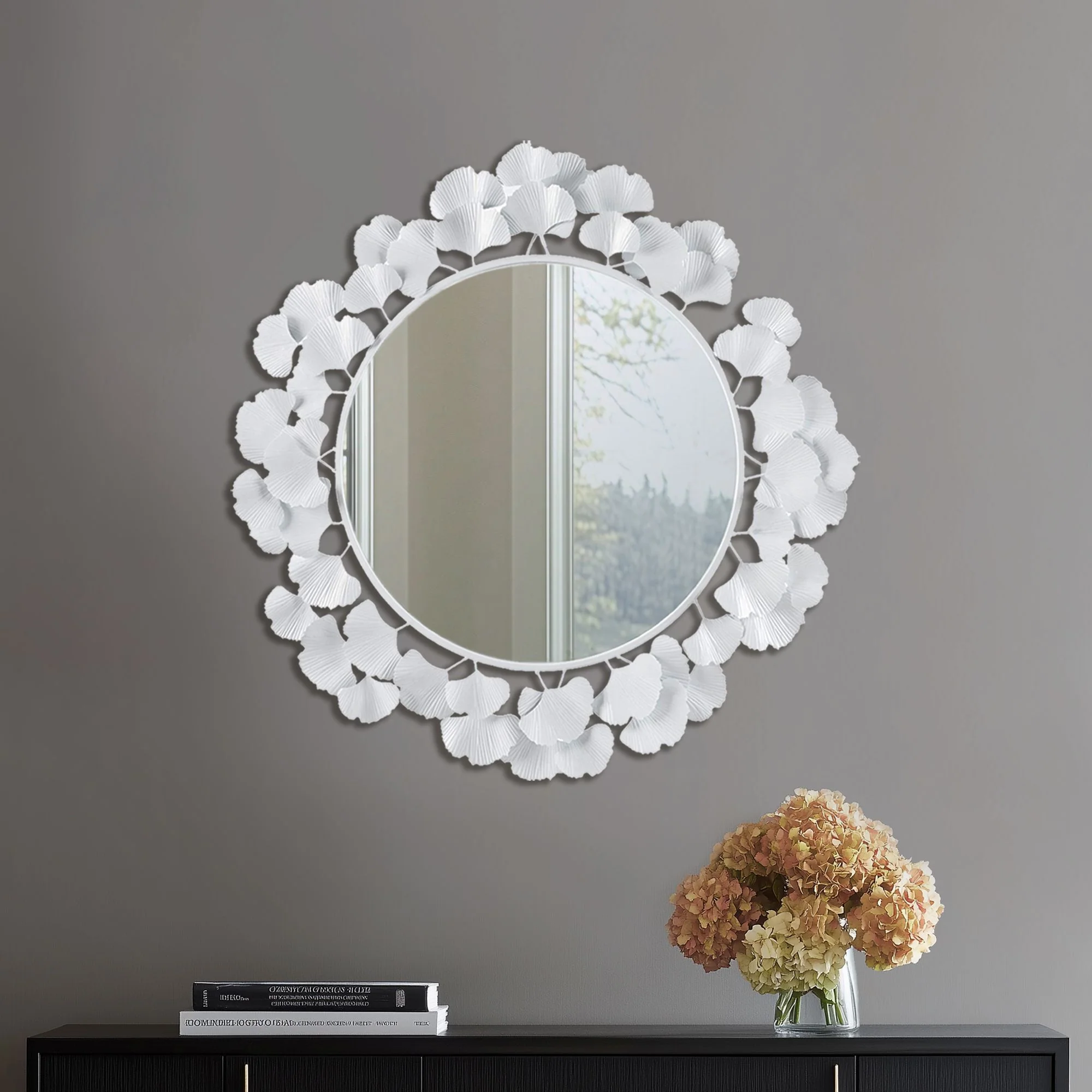 Eden - Eden Gingko Leaf Round Wall Mirror 30.5" - White - Image 2