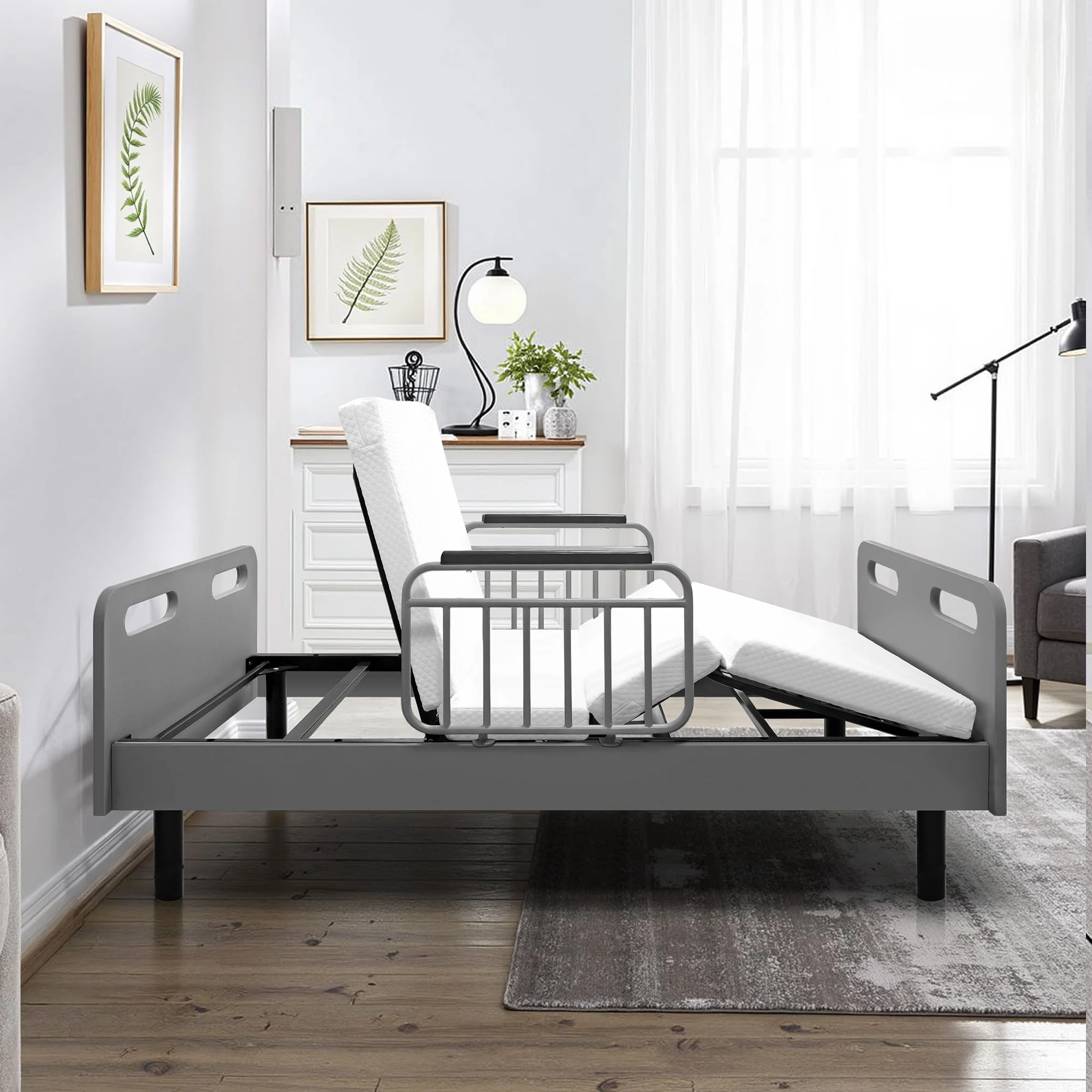Electric Adjustable Hospital Bed For Home Use With Wired Remote Control, Memory Foam Mattress - Gray / White - Image 3