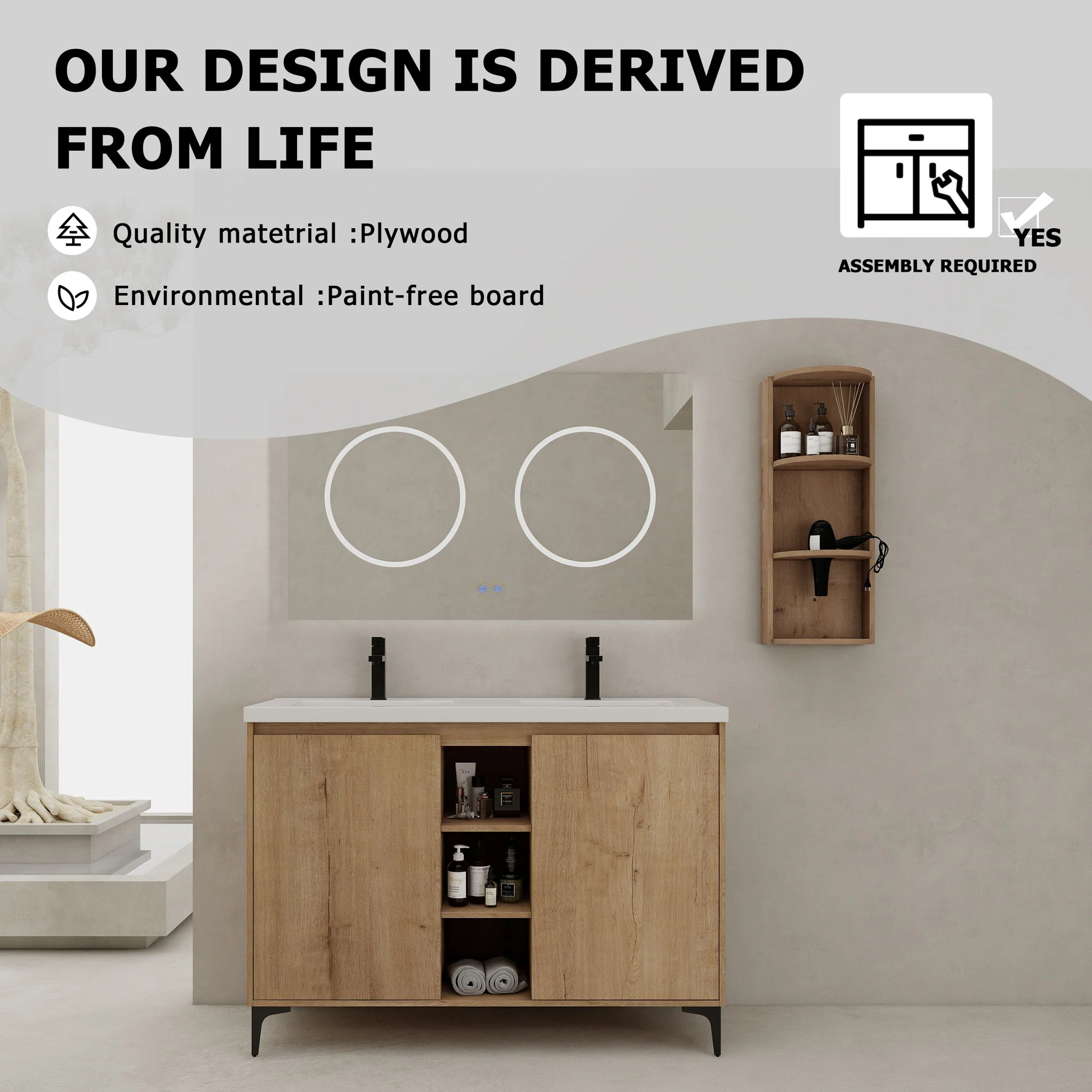 Elegant 48" Freestanding Bathroom Vanity With Double Resin Sink And Storage Rack Soft Close Doors - Imitative Oak - Image 2