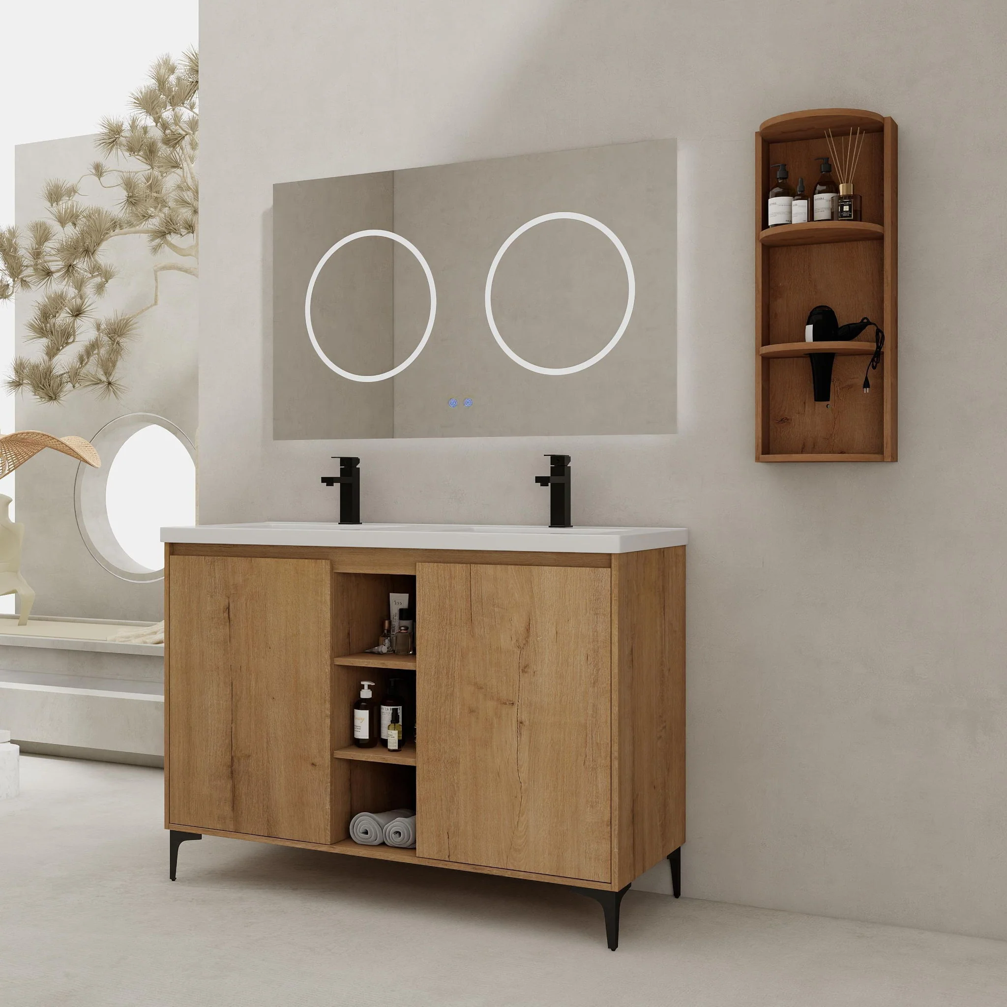 Elegant 48" Freestanding Bathroom Vanity With Double Resin Sink And Storage Rack Soft Close Doors - Imitative Oak - Image 3