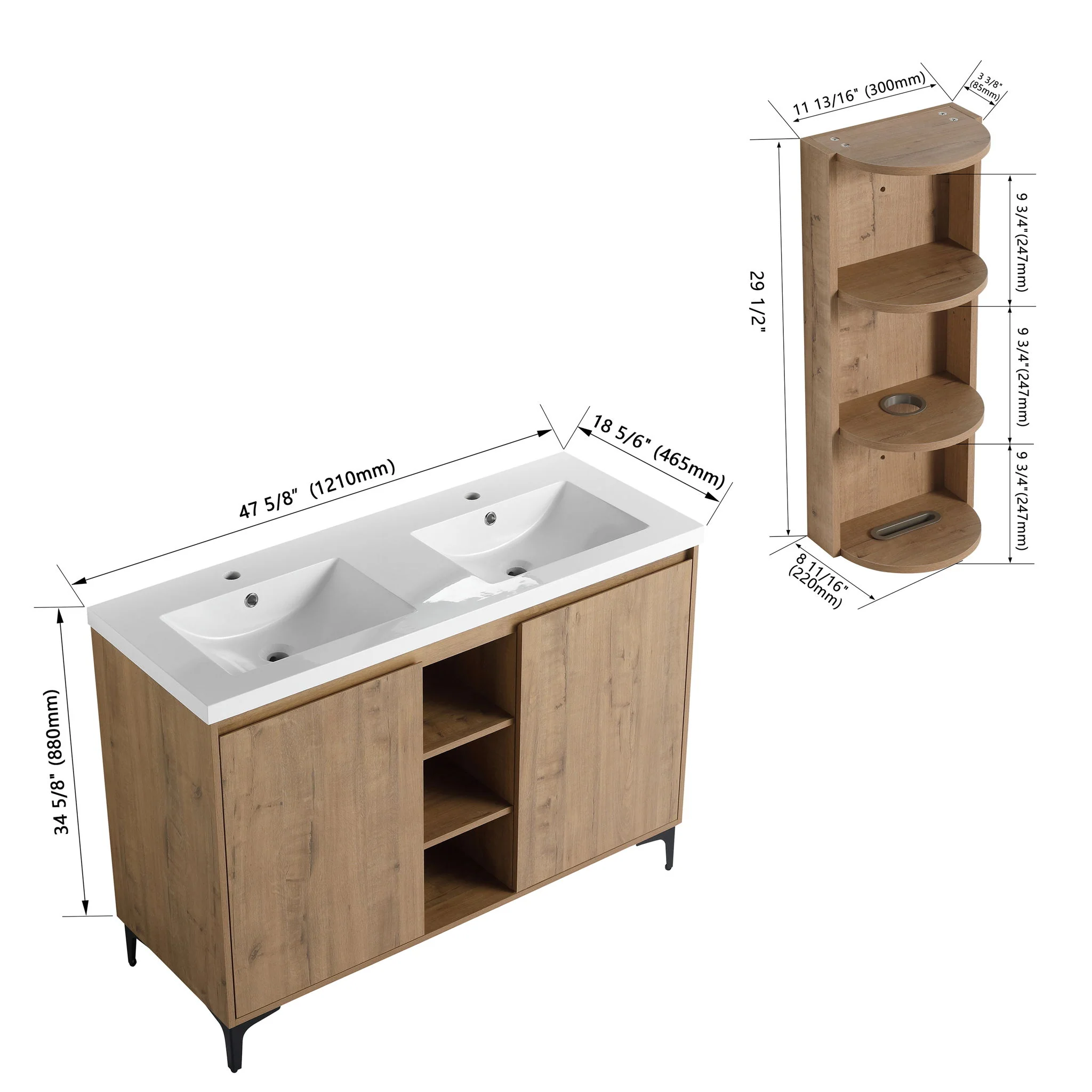 Elegant 48" Freestanding Bathroom Vanity With Double Resin Sink And Storage Rack Soft Close Doors - Imitative Oak - Image 4