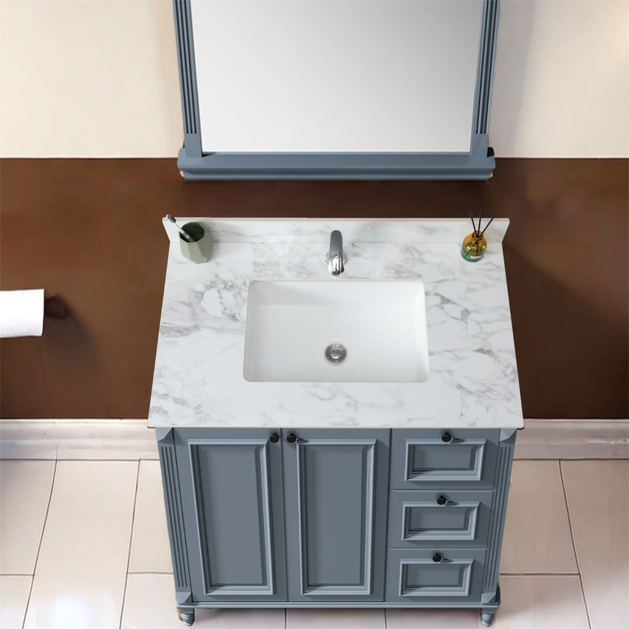 Elegant Bathroom Vanity Top With Rectangular Ceramic Sink And Backsplash - Image 9