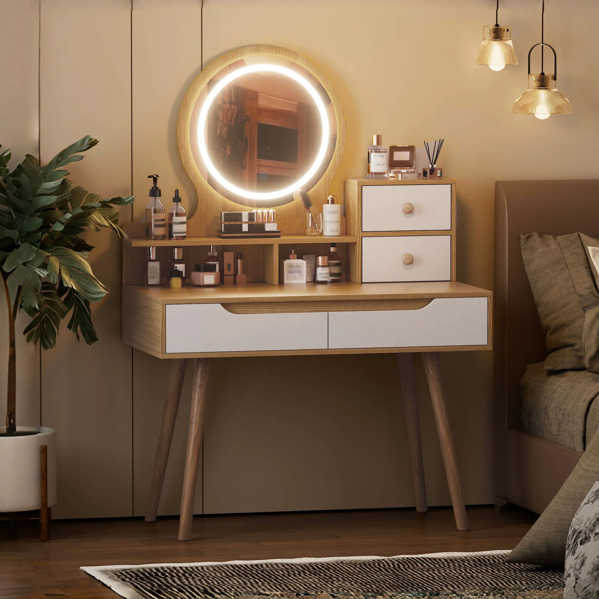 Elegant Makeup Vanity Desk With Adjustable Lighted Mirror Table Feet - American White Oak - Image 2