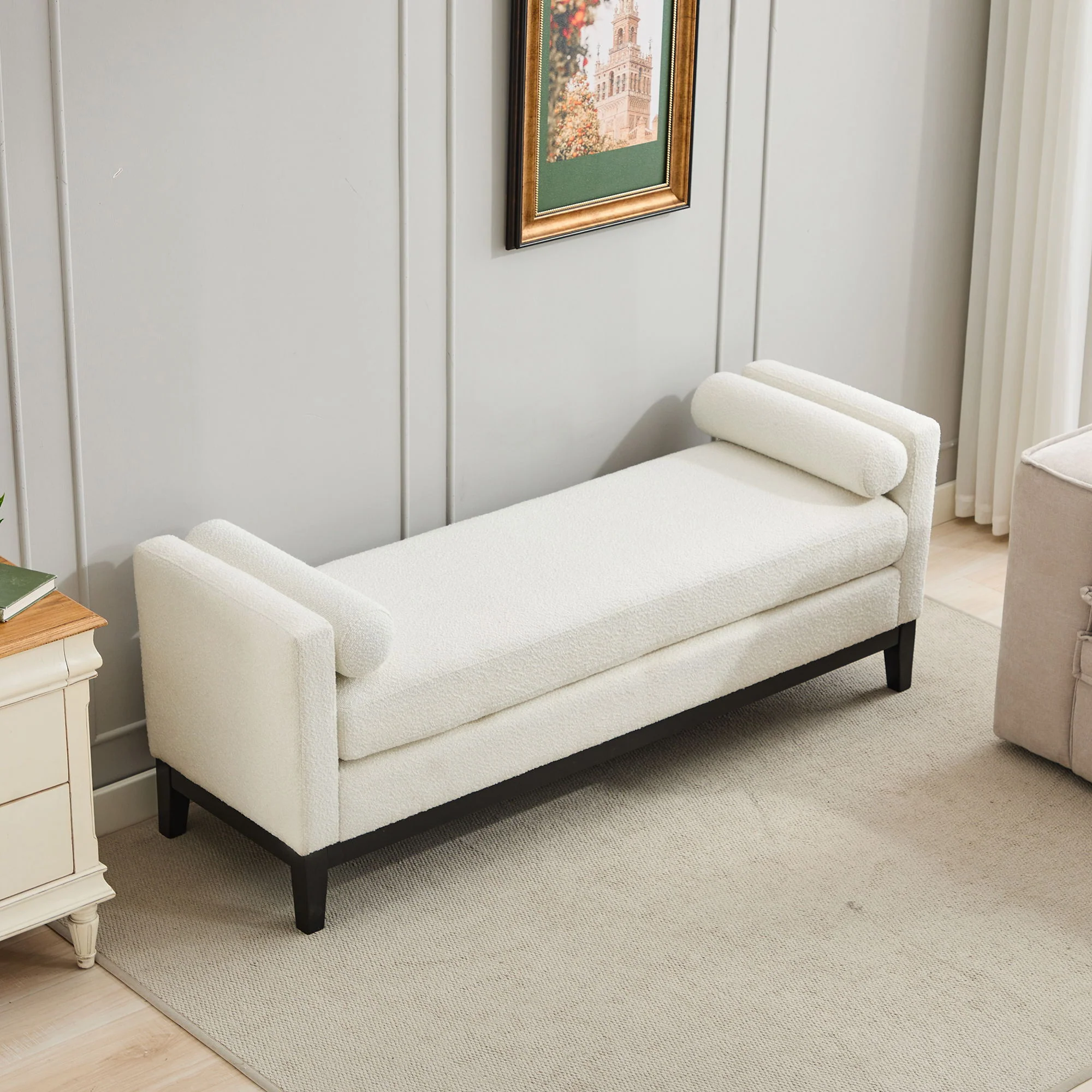 Elegant Upholstered Bench, Daybed, Ottoman With Wood Legs & Bolster Pillows - Ivory Boucle - Image 3