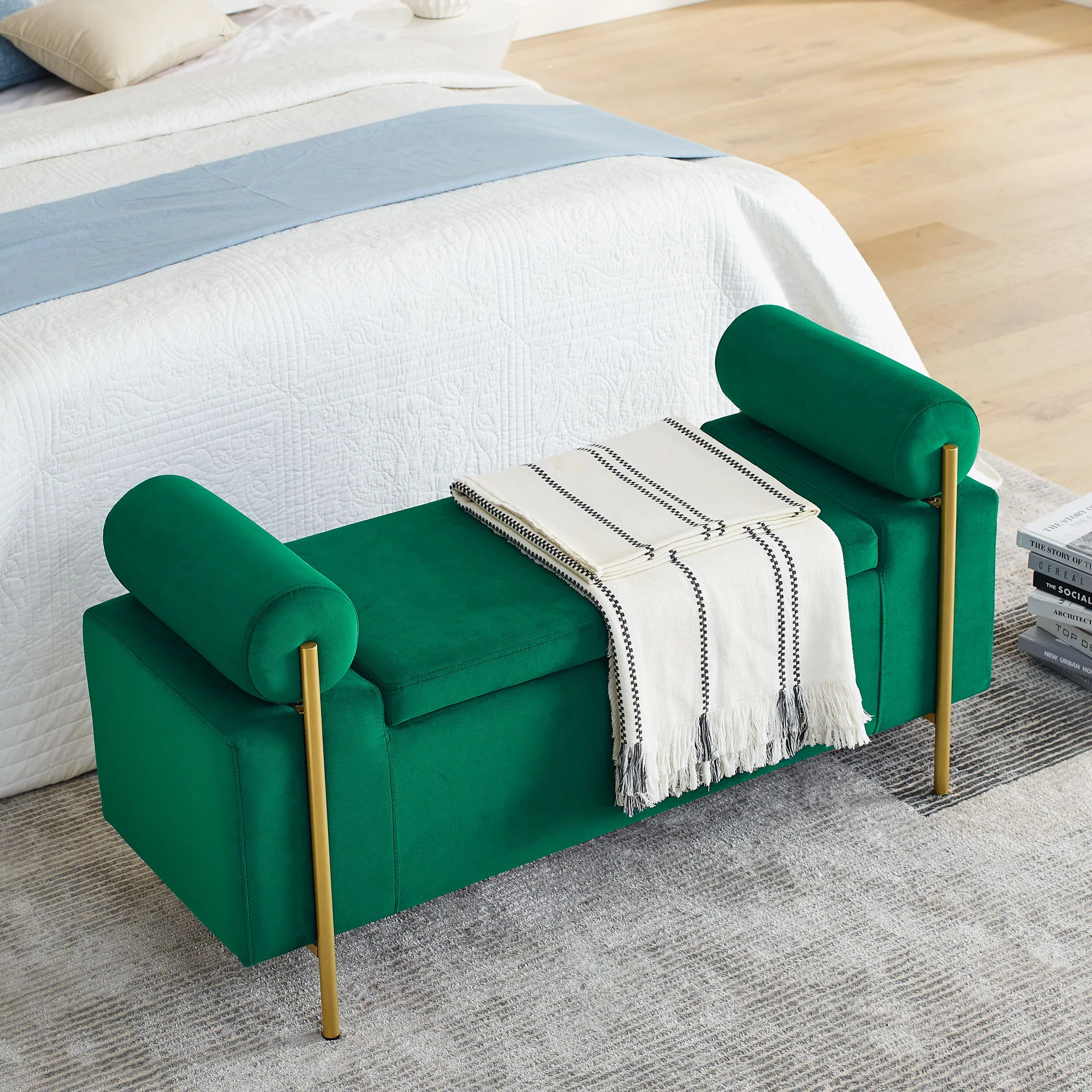 Elegant Upholstered Storage Bench With Cylindrical Arms And Iron Legs, - Image 9