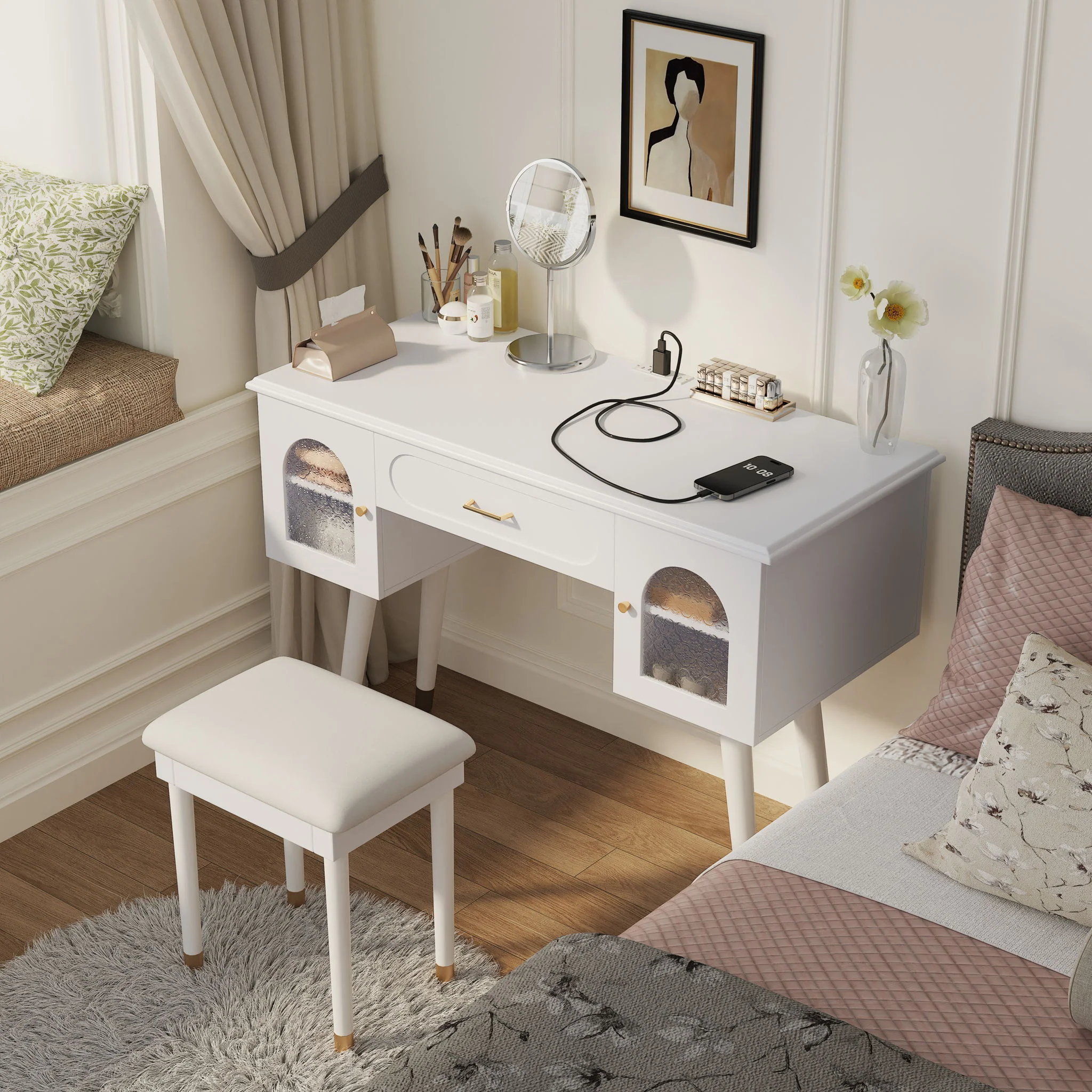 Elegant Vanity Makeup Table & Chair Set Modern Dressing Table With Organizer Writing Desk Charging Port Engineered Wood - White - Image 2