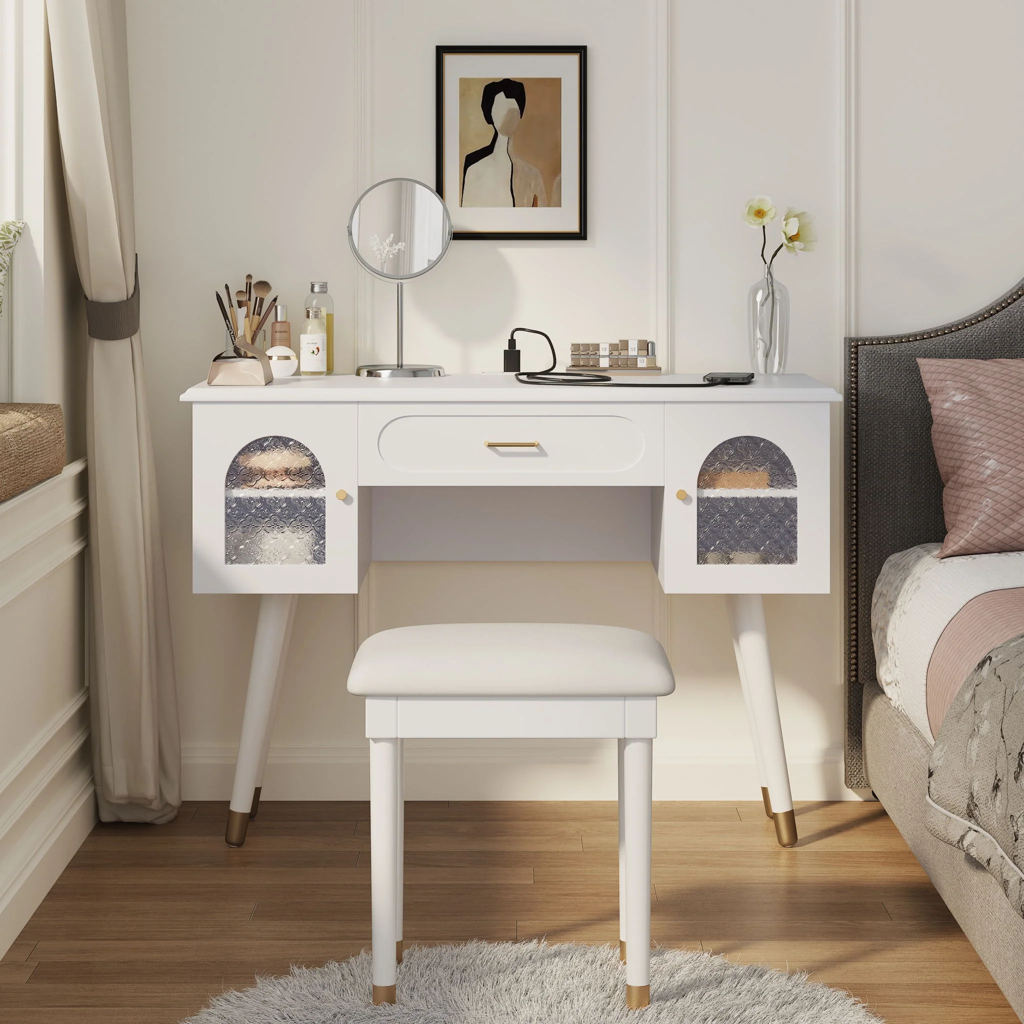 Elegant Vanity Makeup Table & Chair Set Modern Dressing Table With Organizer Writing Desk Charging Port Engineered Wood - White - Image 3