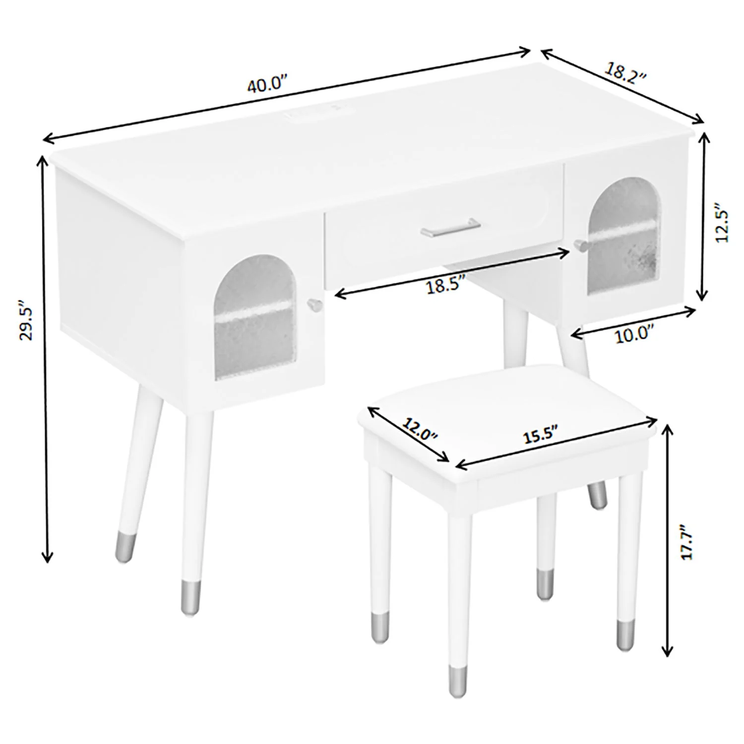 Elegant Vanity Makeup Table & Chair Set Modern Dressing Table With Organizer Writing Desk Charging Port Engineered Wood - White - Image 4