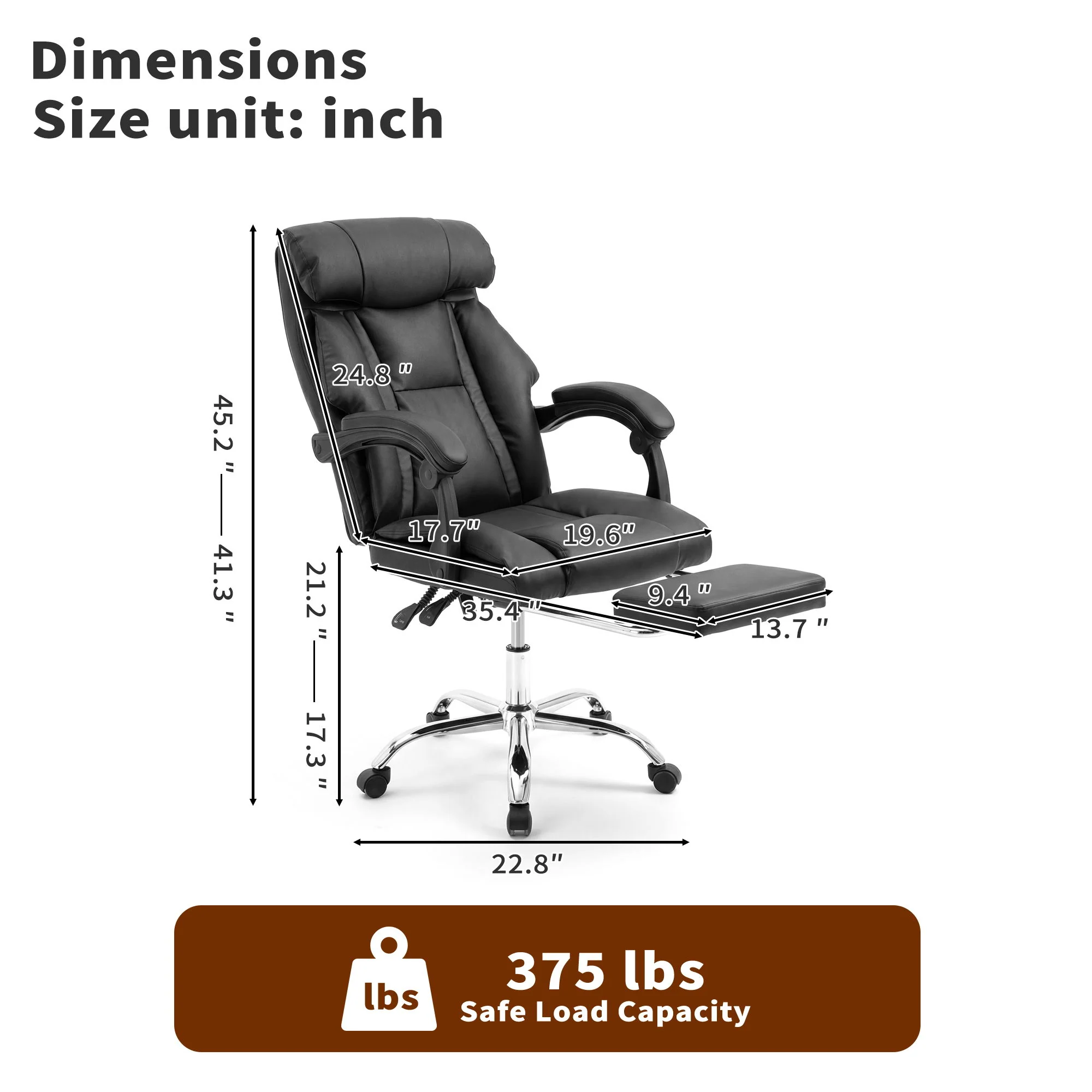 Executive Office Chair With Foot Rest, Adjustable Height - Black - Image 3
