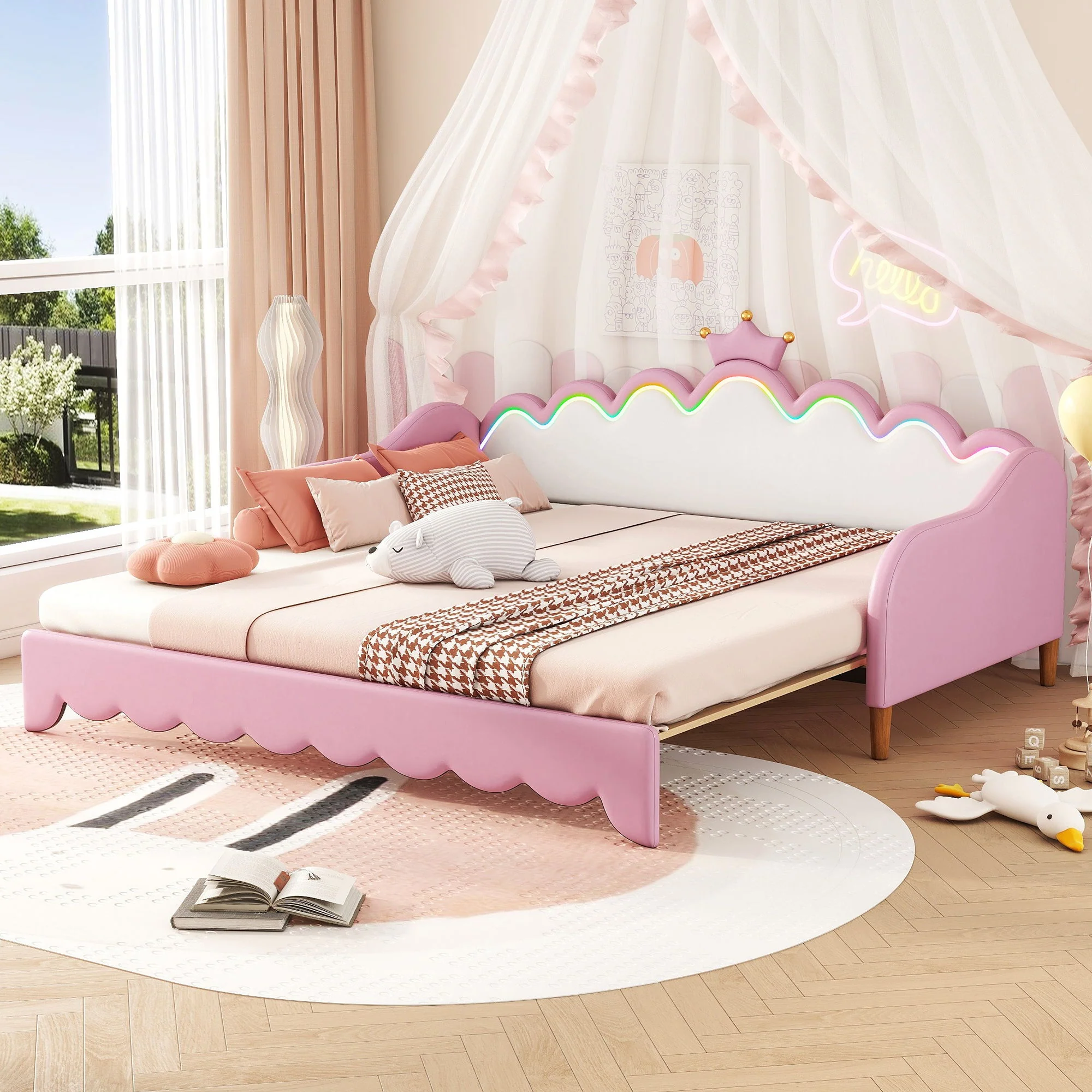 Extending Daybed With LED Lights, Modern Upholstered Princess Daybed With Crown Headboard - Image 7