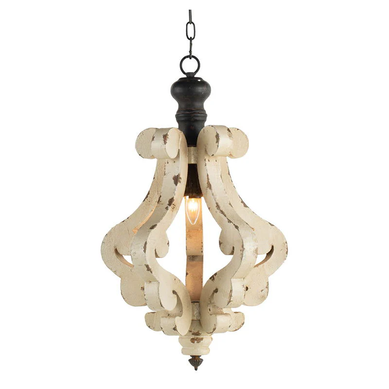 Farmhouse Chandeliar Distressed Pendant French Country Wood Chandelier For Living Room Foyer, Bulb Not Included - Antique Cream - Image 4