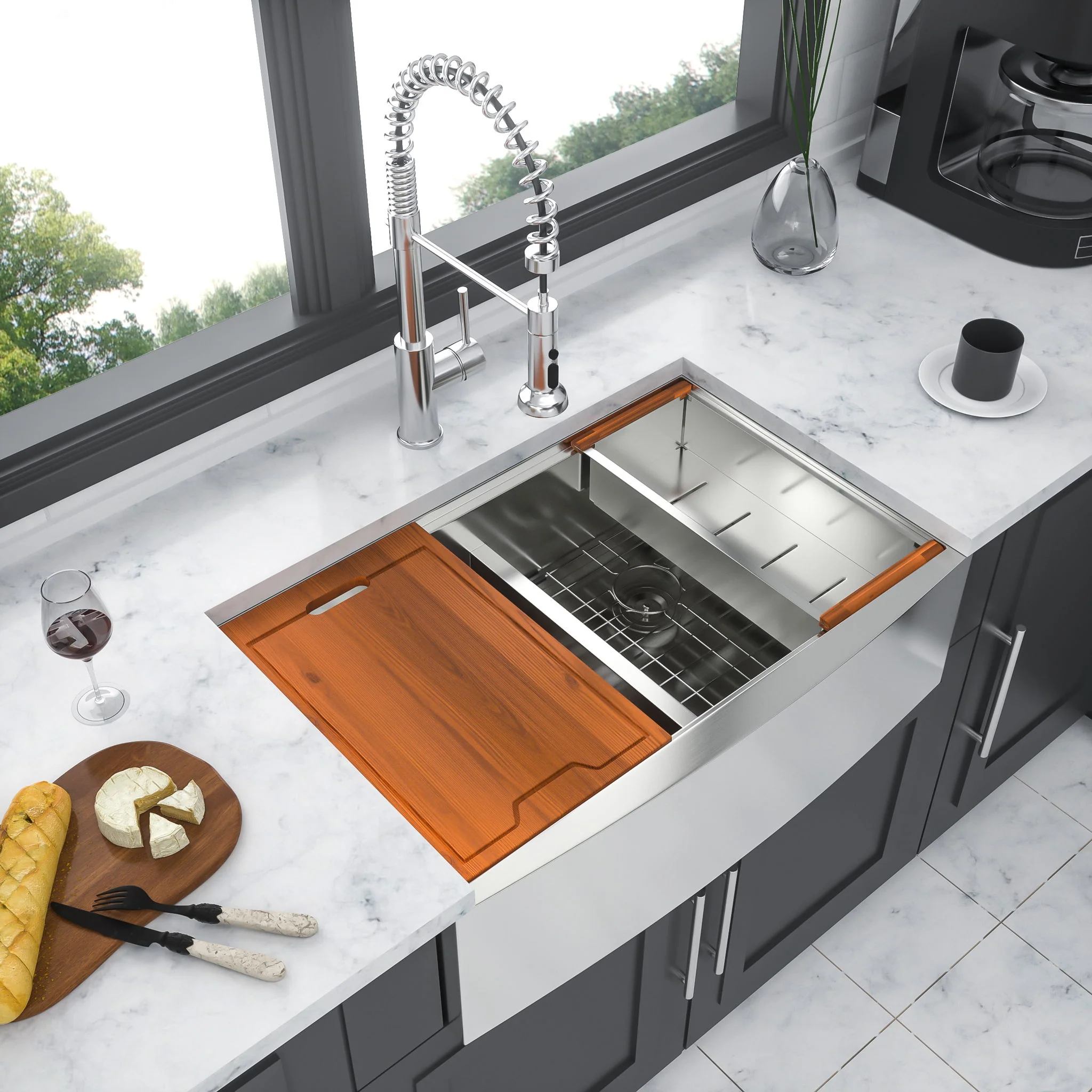 Farmhouse Double Bowl Workstation Kitchen Sink 33" Stainless Steel 16 Gauge Apron Front, Finish - White - Image 2