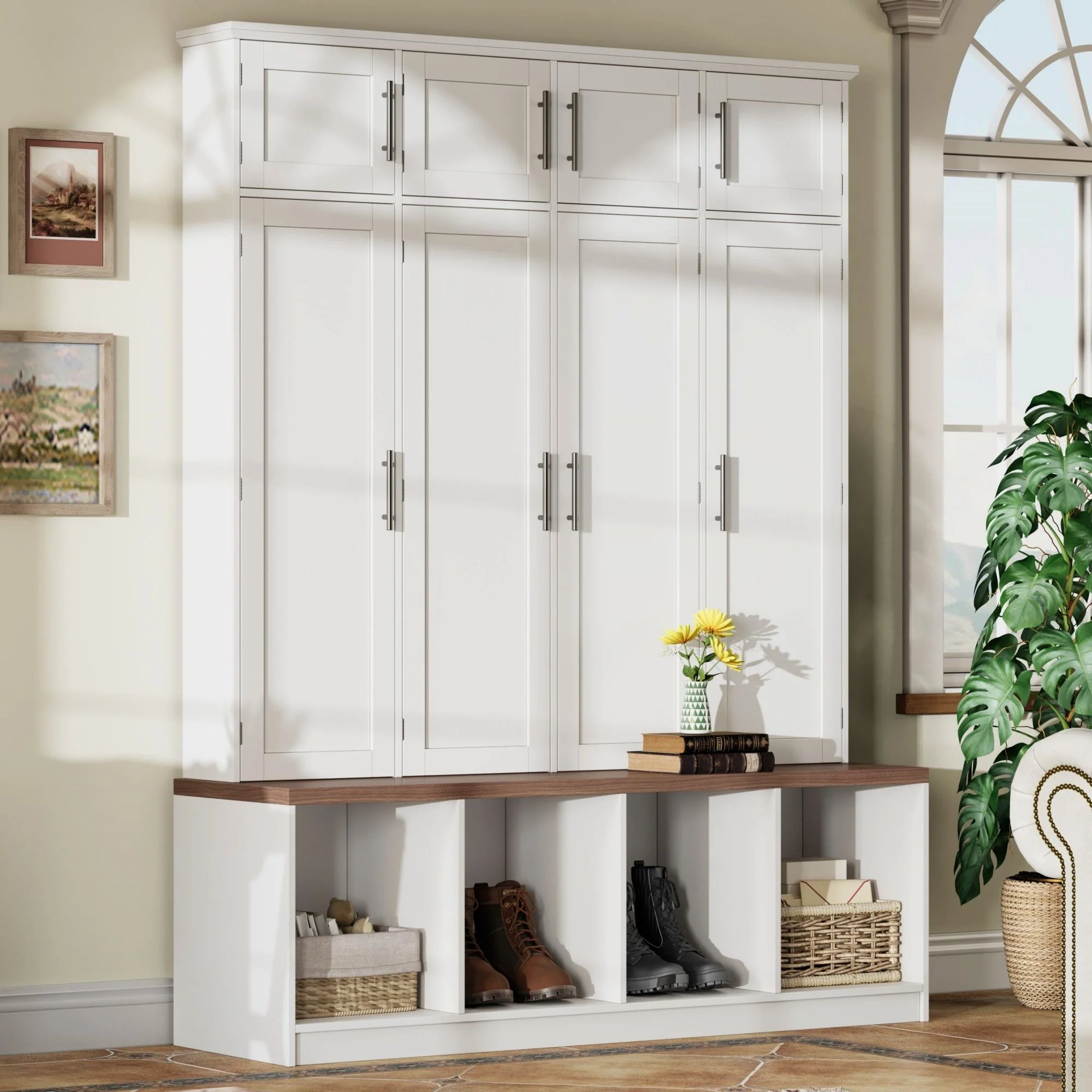 Farmhouse Hall Tree With 4 Hidden Hanging Hooks And 8 Doors - Image 12