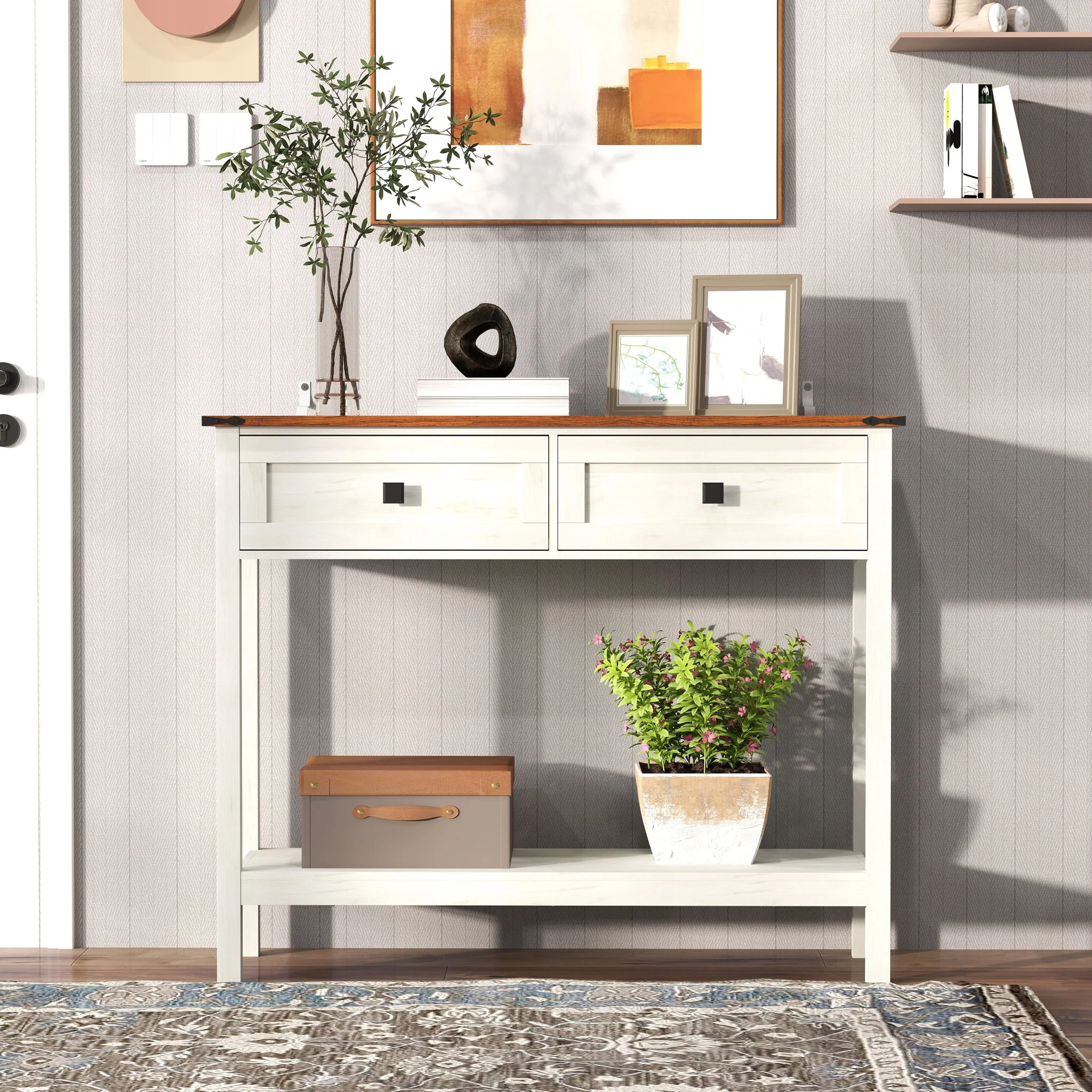 Farmhouse Style Console Table With 2 Drawers And Bottom Storage Shelf - Image 6