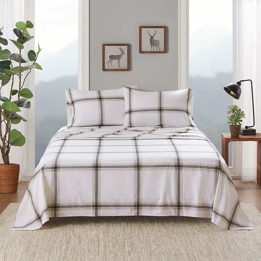 Flannel - 4 Piece Queen Sheet Set - Tan Plaid
