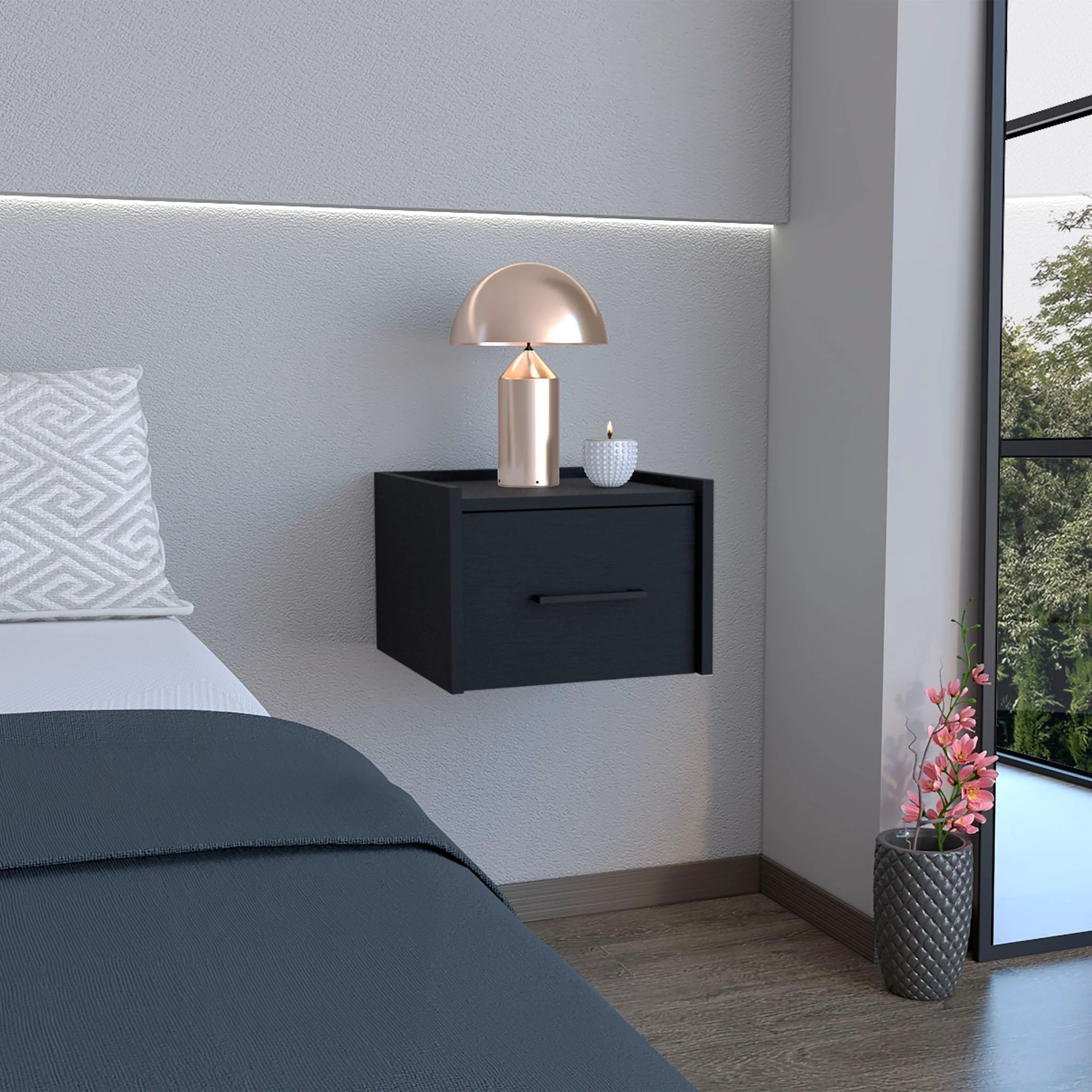 Floating Nightstand, Space Saving Design With Handy Drawer And Surface - Black - Image 3
