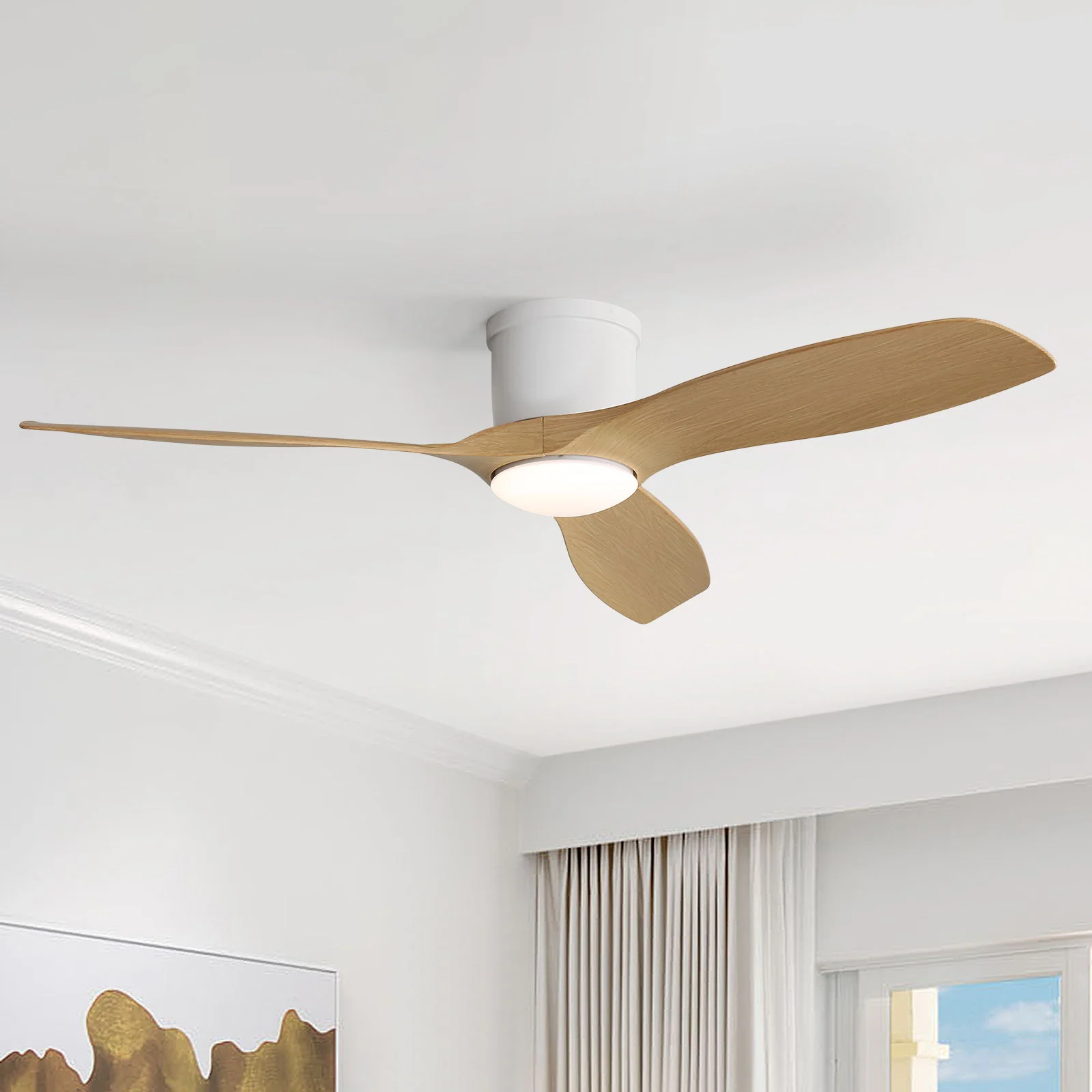 Flush Mount Ceiling Fan With Dimmable LED Light, 3 Blades, Reversible DC Motor Blades For Living Room - Image 5