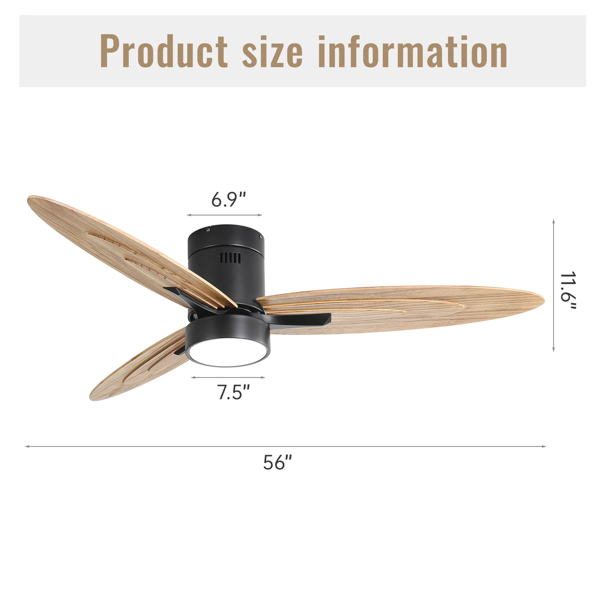 Flush Mount Ceiling Fan With Light And Remote Control, 3 Blades, Reversible DC Motor - Black - Image 2