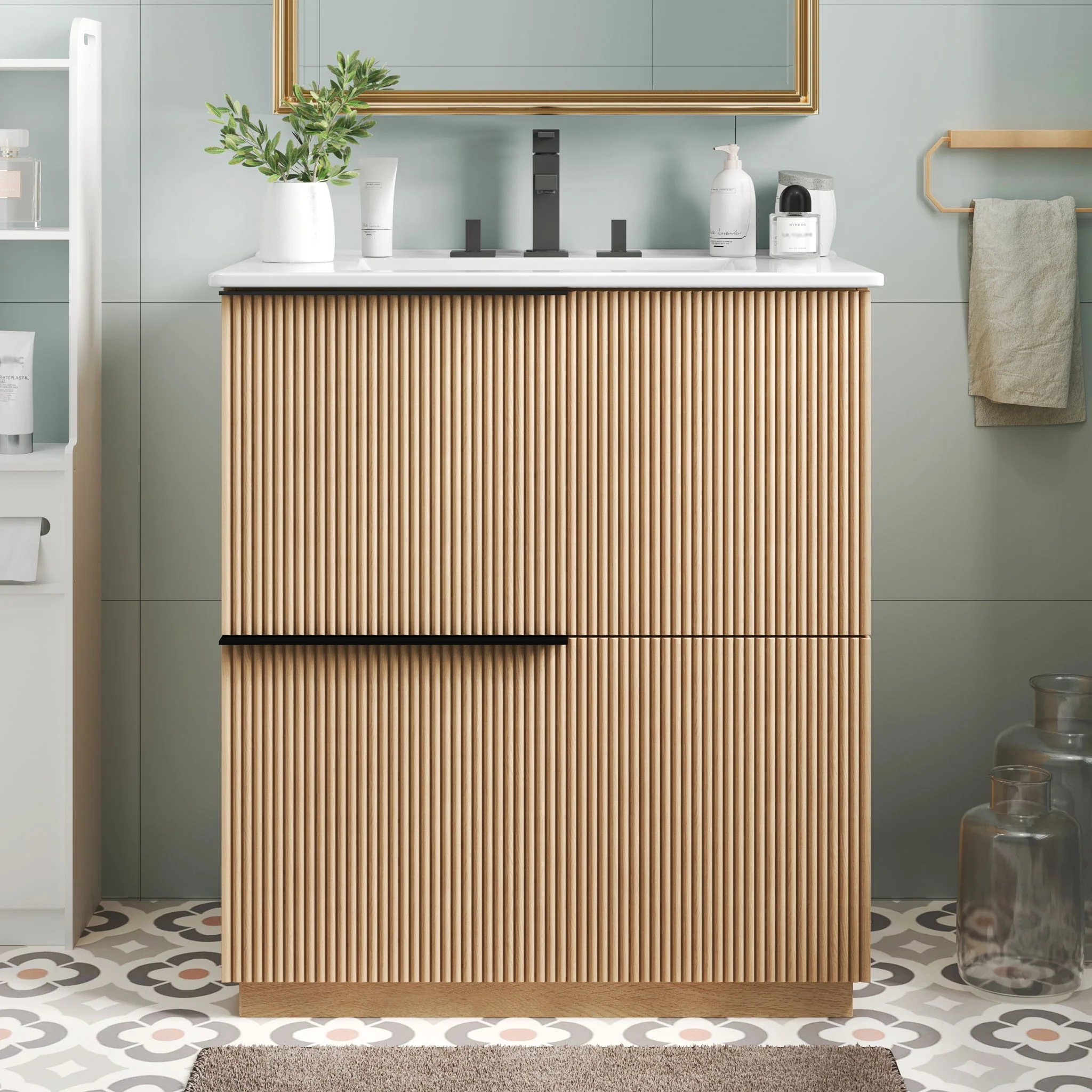 Fluted Bathroom Vanity With Ceramic Sink, Soft Close Slides - Image 8