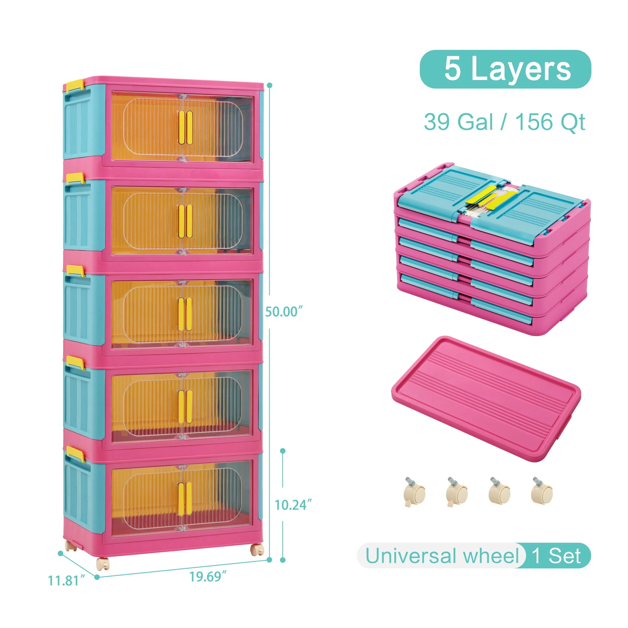 Folding Storage Cabinet With Magnetic Doors And Wheels