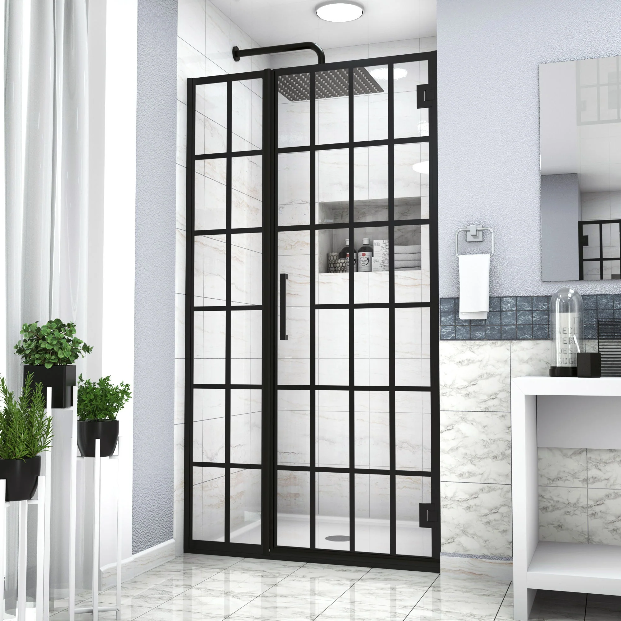 Frameless Pivot Shower Door With Pattern Glass, Open Entry Design - Image 6