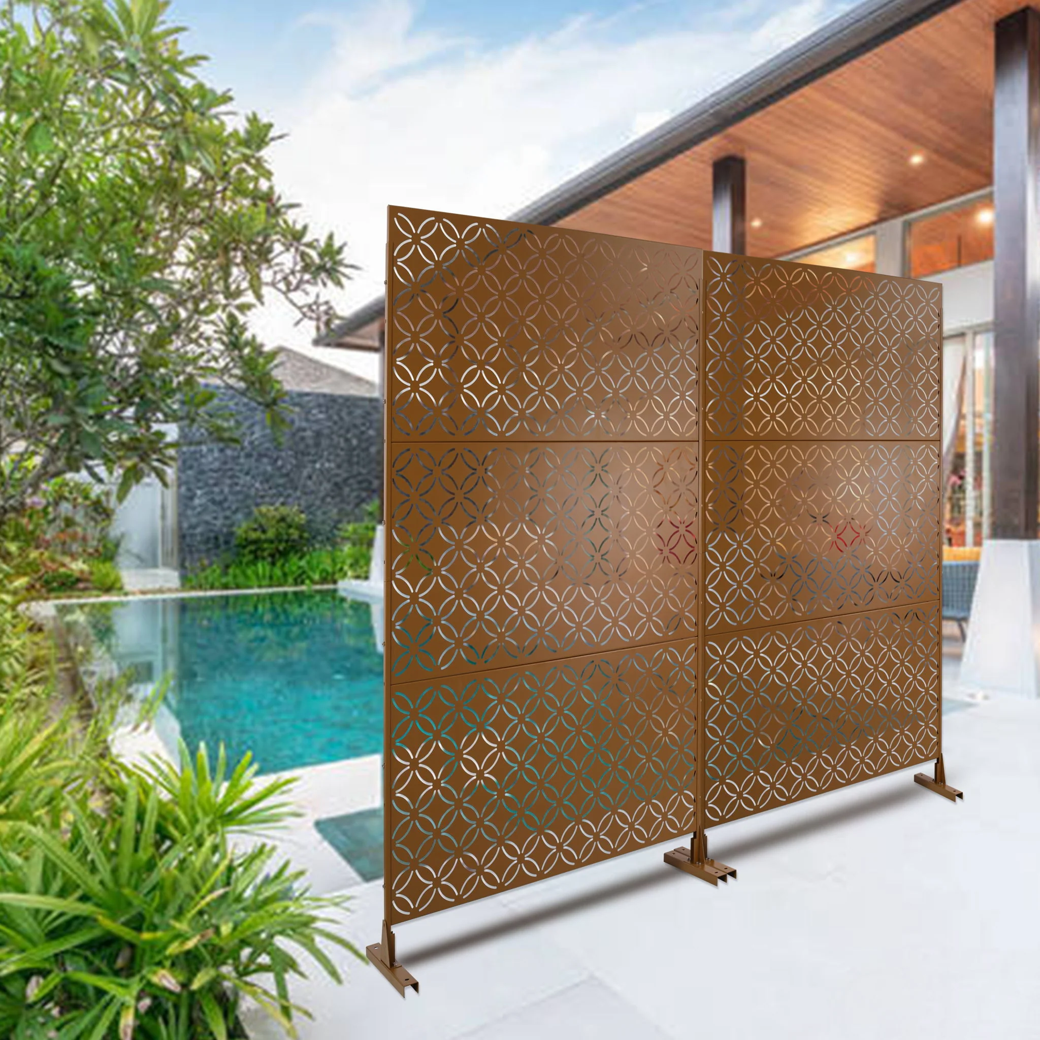 Freestanding Decorative Privacy Screen For Deck Balcony Patio, Metal Privacy - Brown - Image 3