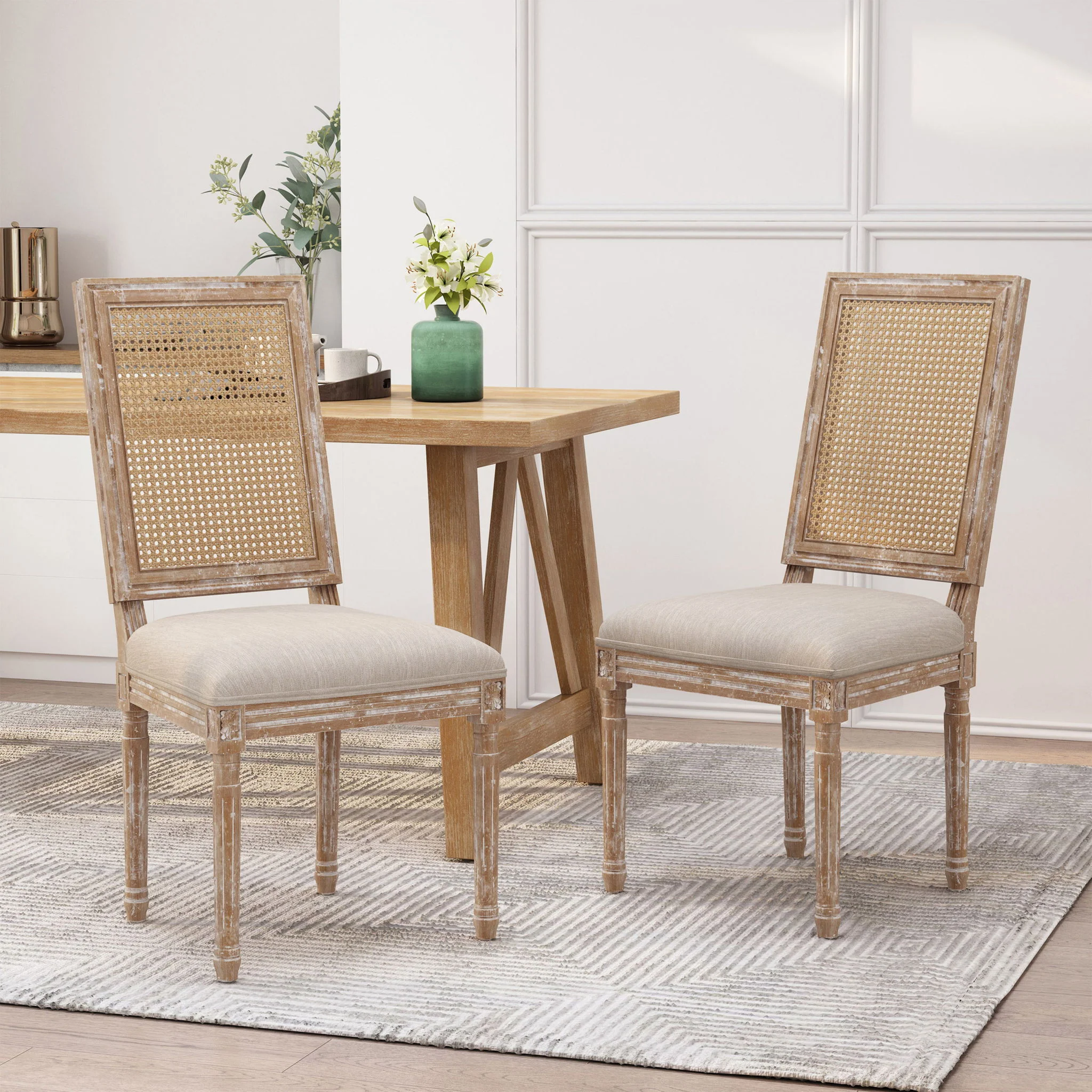 French Country Dining Chair With Rectangular Cane Backrest And Smooth Upholstered Seating - Image 17