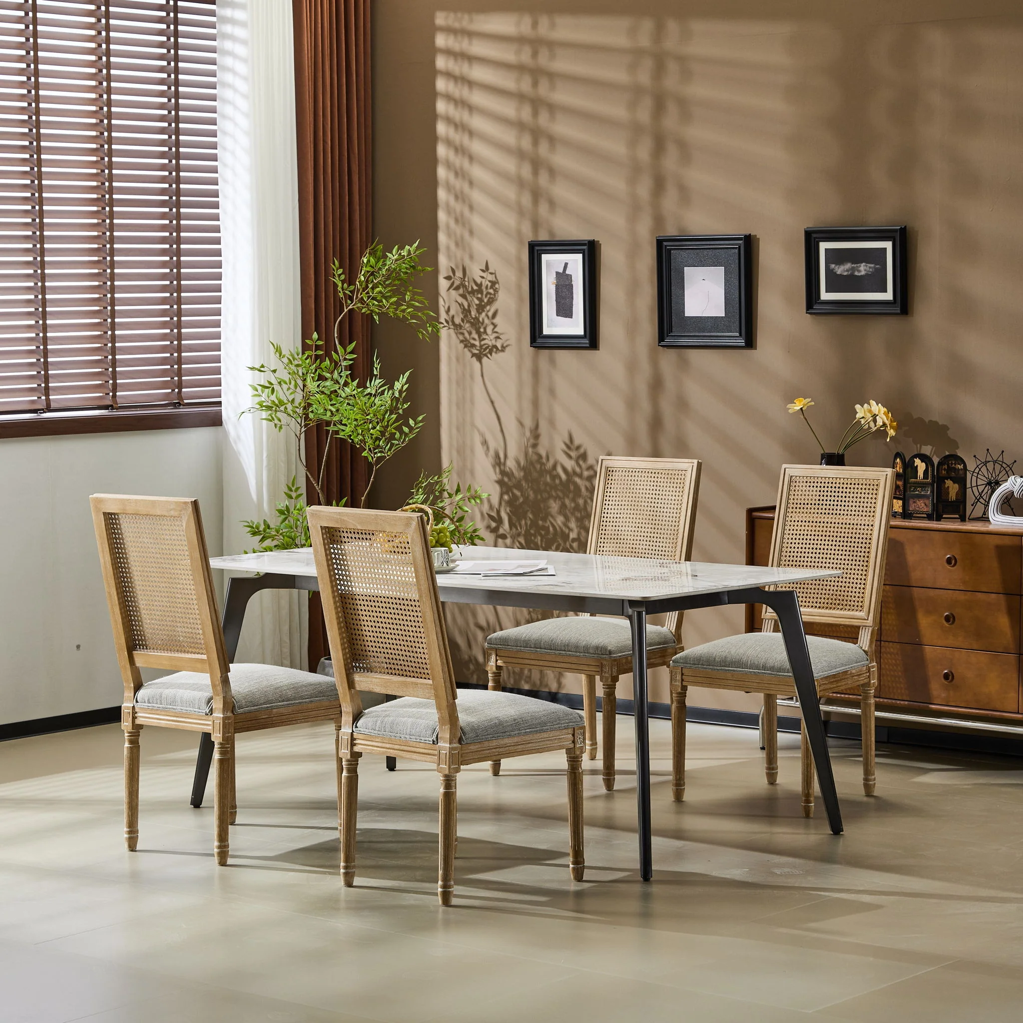 French Country Dining Chair With Rectangular Cane Backrest And Smooth Upholstered Seating - Image 24