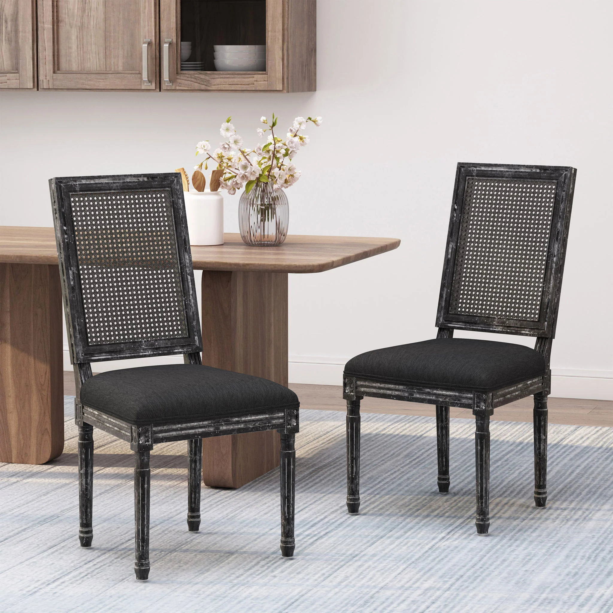 French Country Dining Chair With Rectangular Cane Backrest And Smooth Upholstered Seating - Image 29