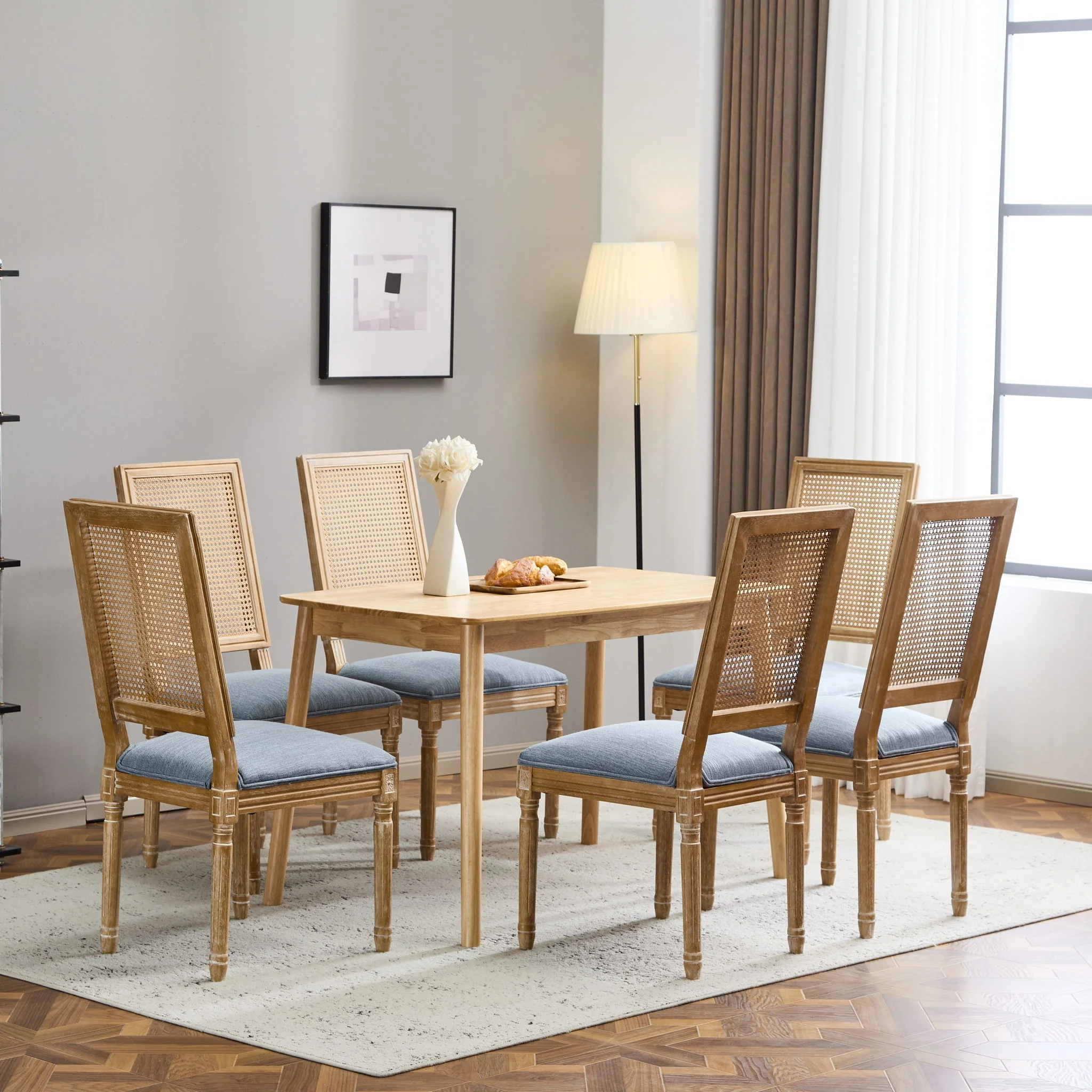 French Country Dining Chair With Rectangular Cane Backrest And Smooth Upholstered Seating - Image 44