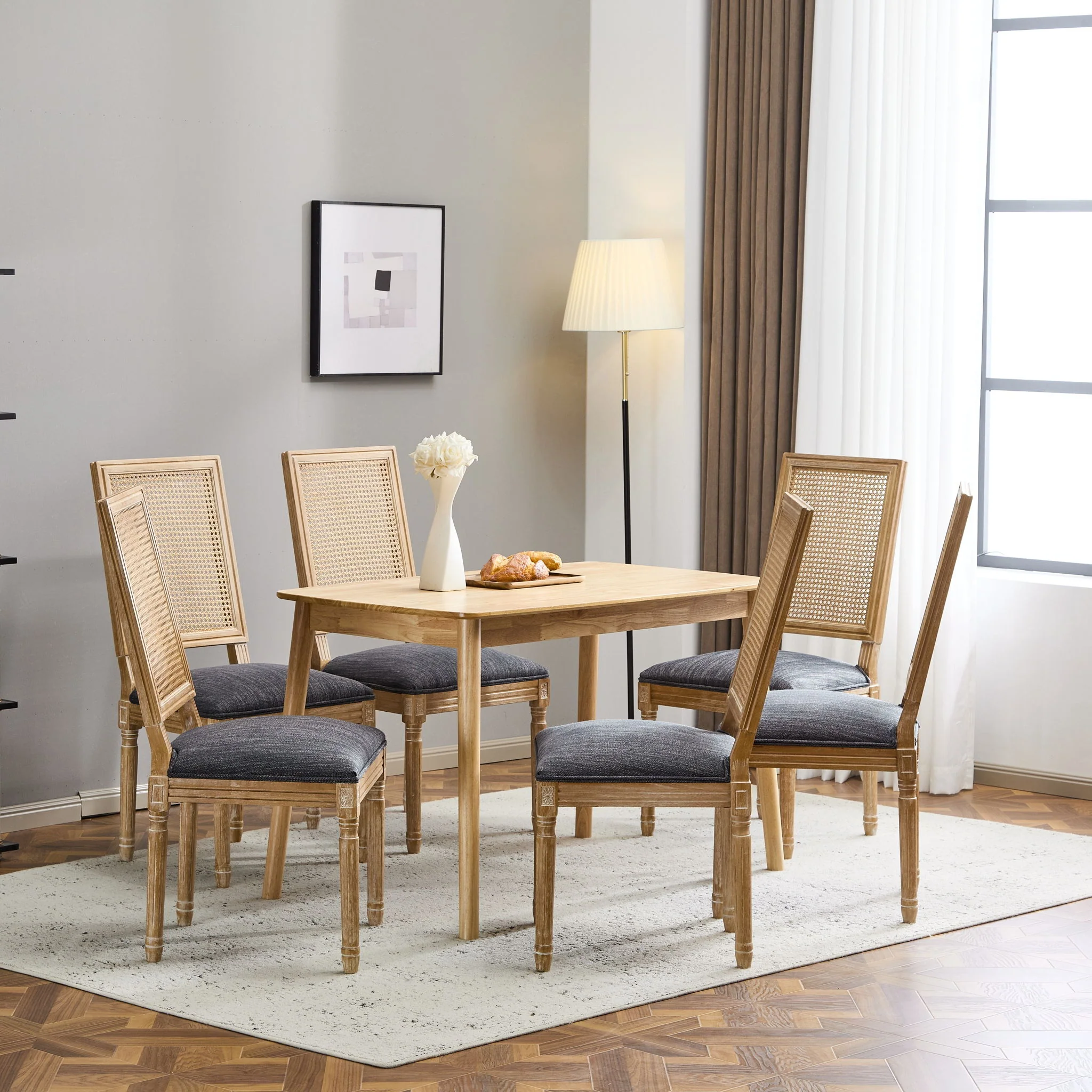 French Country Dining Chair With Rectangular Cane Backrest And Smooth Upholstered Seating - Image 50