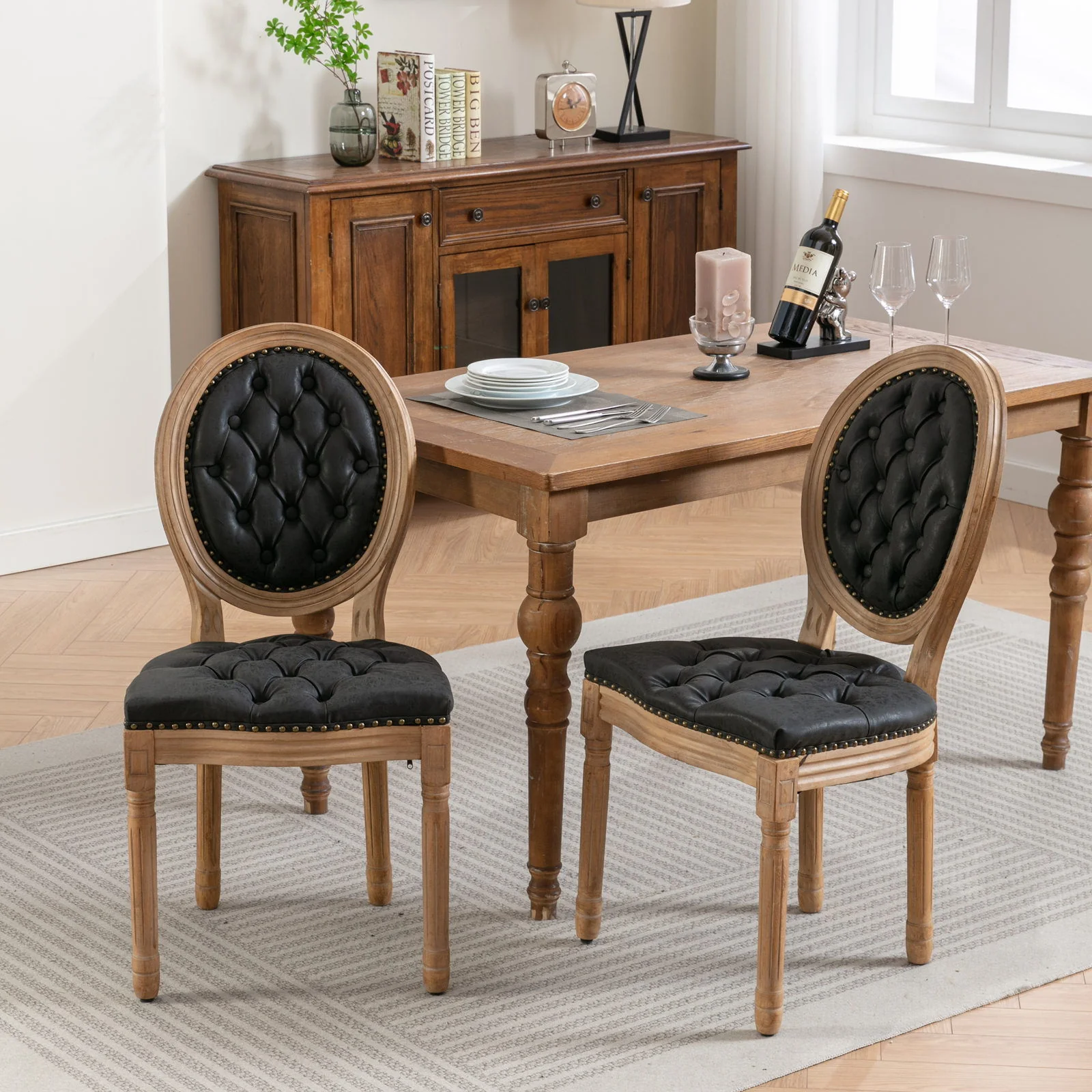 French Style Solid Wood Frame Antique Painting, Hand-Pulled Buckle Decoration Artificial Dining Chair With Nailhead Trim, Wood Legs - Image 3