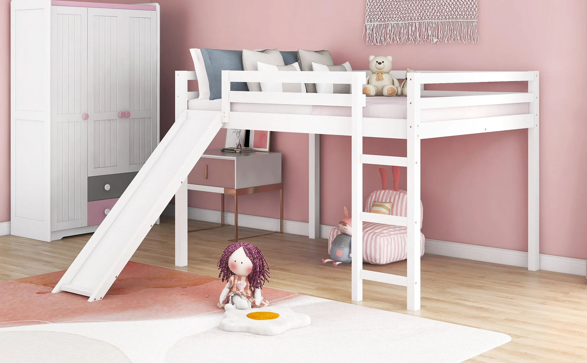 Full Loft Bed With Slide, Multifunctional Design - White - Image 2