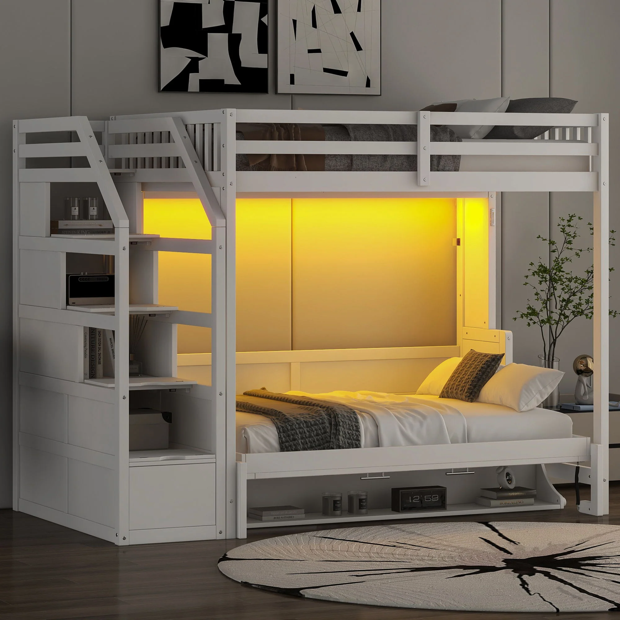 Full Long Loft Bed With Storage Staircase, Murphy Bed, LED Light - White - Image 4