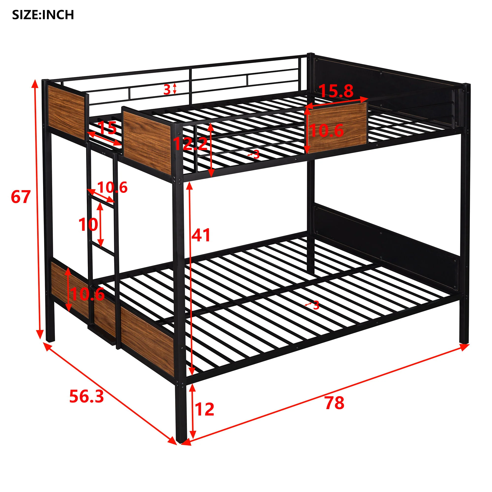 Full Over Full Bunk Bed Modern Style Steel Frame Bunk Bed With Safety Rail, Built-In Ladder For Bedroom - Brown - Image 3