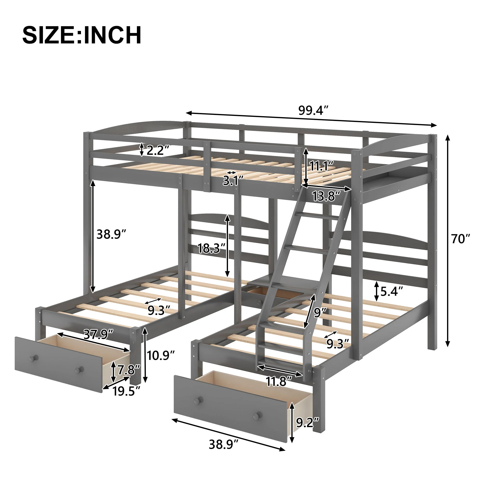 Full Over Twin & Twin Bunk Bed, Triple Bunk Bed With Drawers - Gray - Image 4