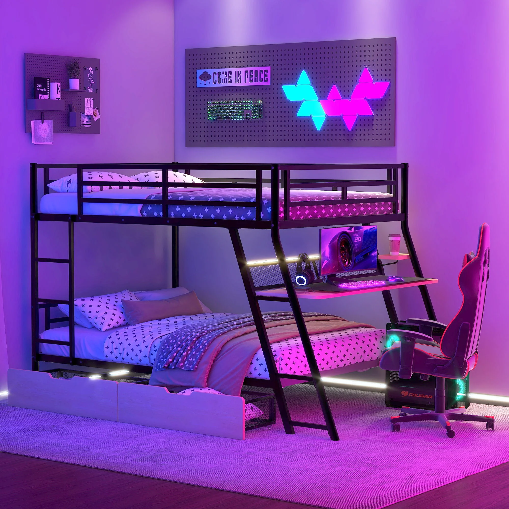 Full Size Bunk Bed With Built In Desk, Light, And 2 Drawers - Black - Image 4