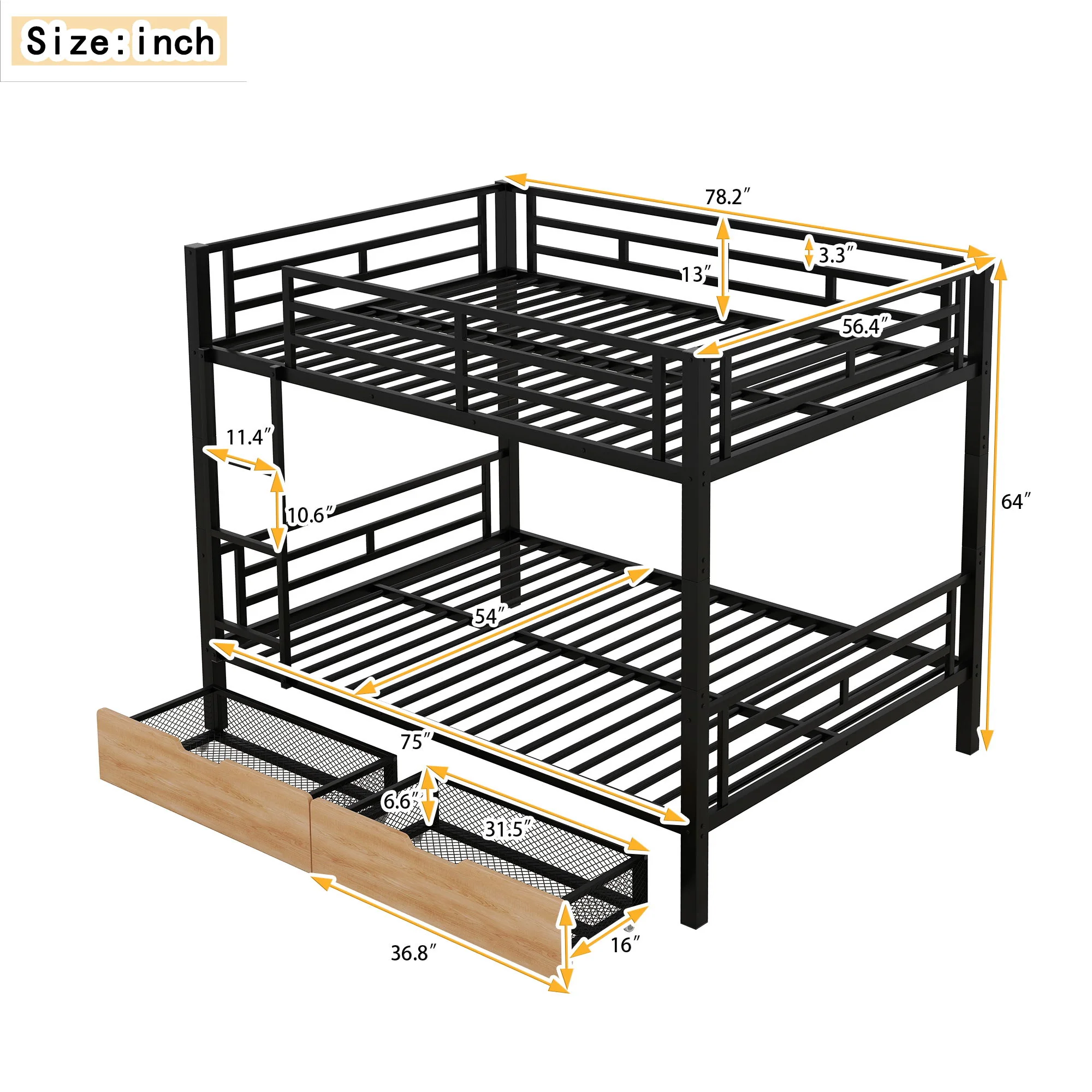Full Size Convertible Bunk Bed With 2 Drawers Durable - Black - Image 4