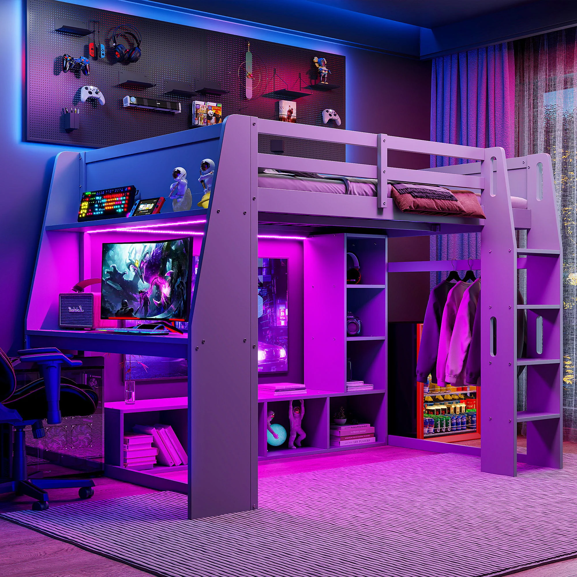 Full Size Gaming Loft Bed With Desk, Multi Storage Shelves, LED Lighting, And Hanging Clothes Rack - Gray - Image 4