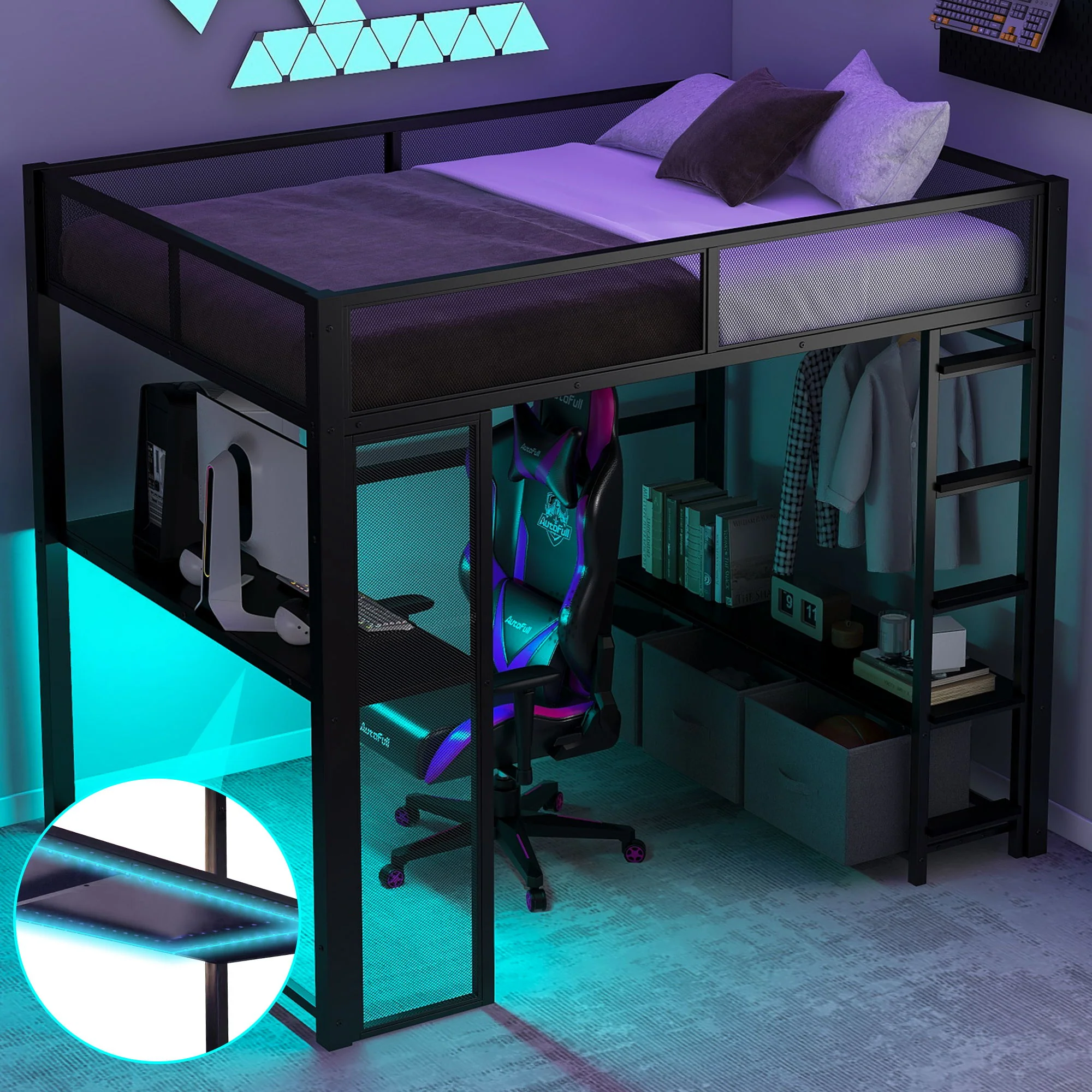 Full Size Gaming Loft Bed With LED Desk, Open Wardrobe, 3 Linen Storage Drawers - Black - Image 2