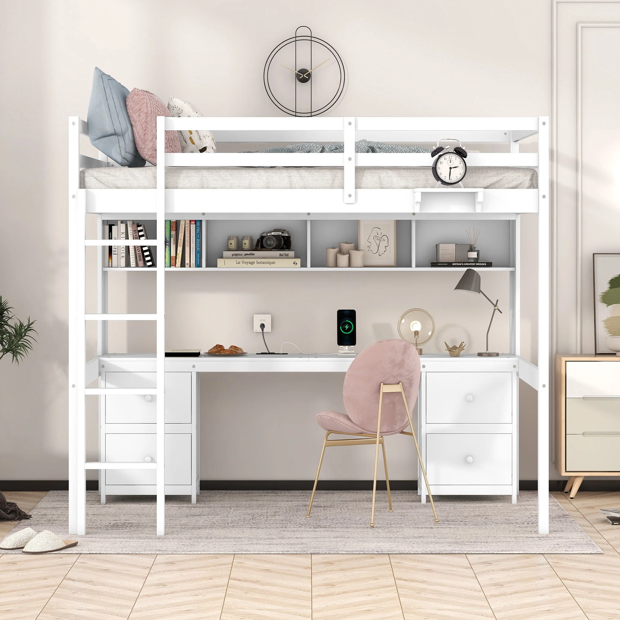 Full Size Loft Bed With Desk, Cabinets, Drawers, Charging Station And Bedside Tray, Sturdy Frame, No Box Spring Required - White - Image 2