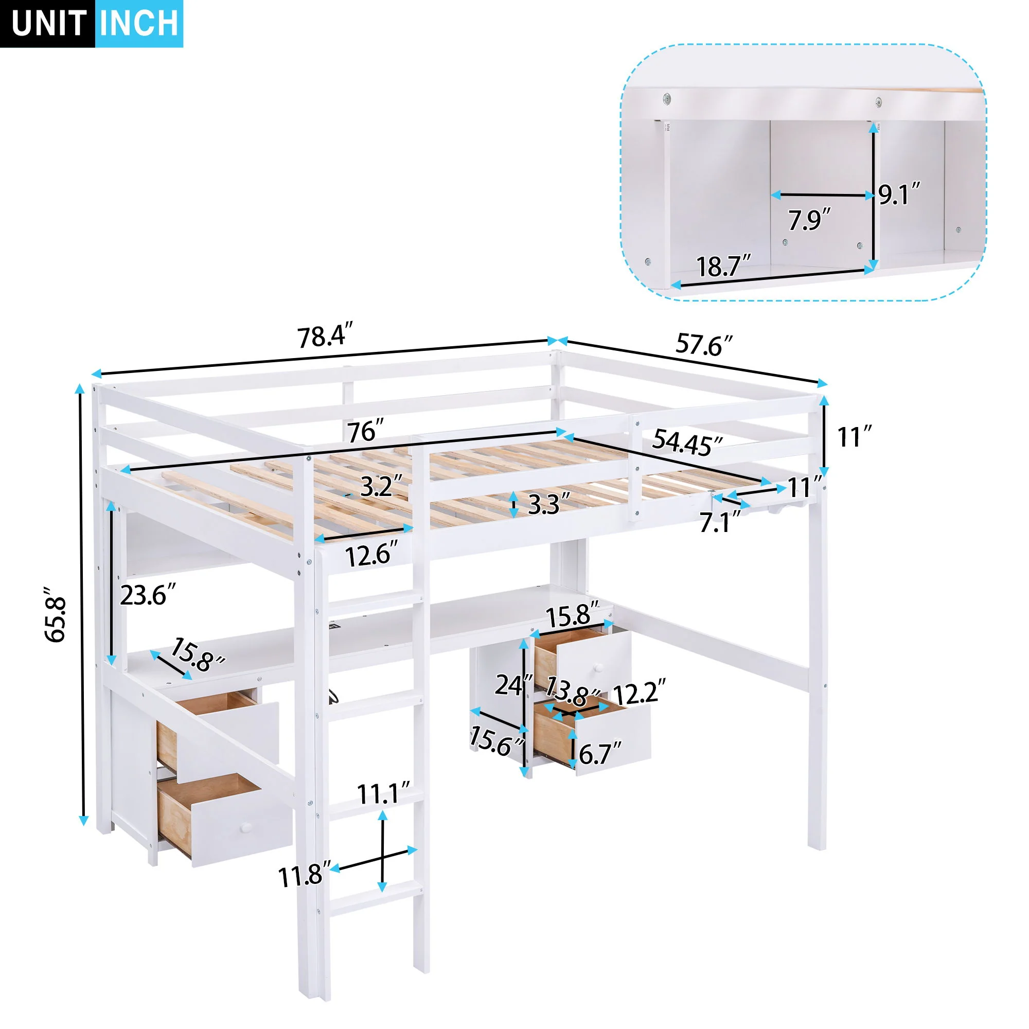 Full Size Loft Bed With Desk, Cabinets, Drawers, Charging Station And Bedside Tray, Sturdy Frame, No Box Spring Required - White - Image 3