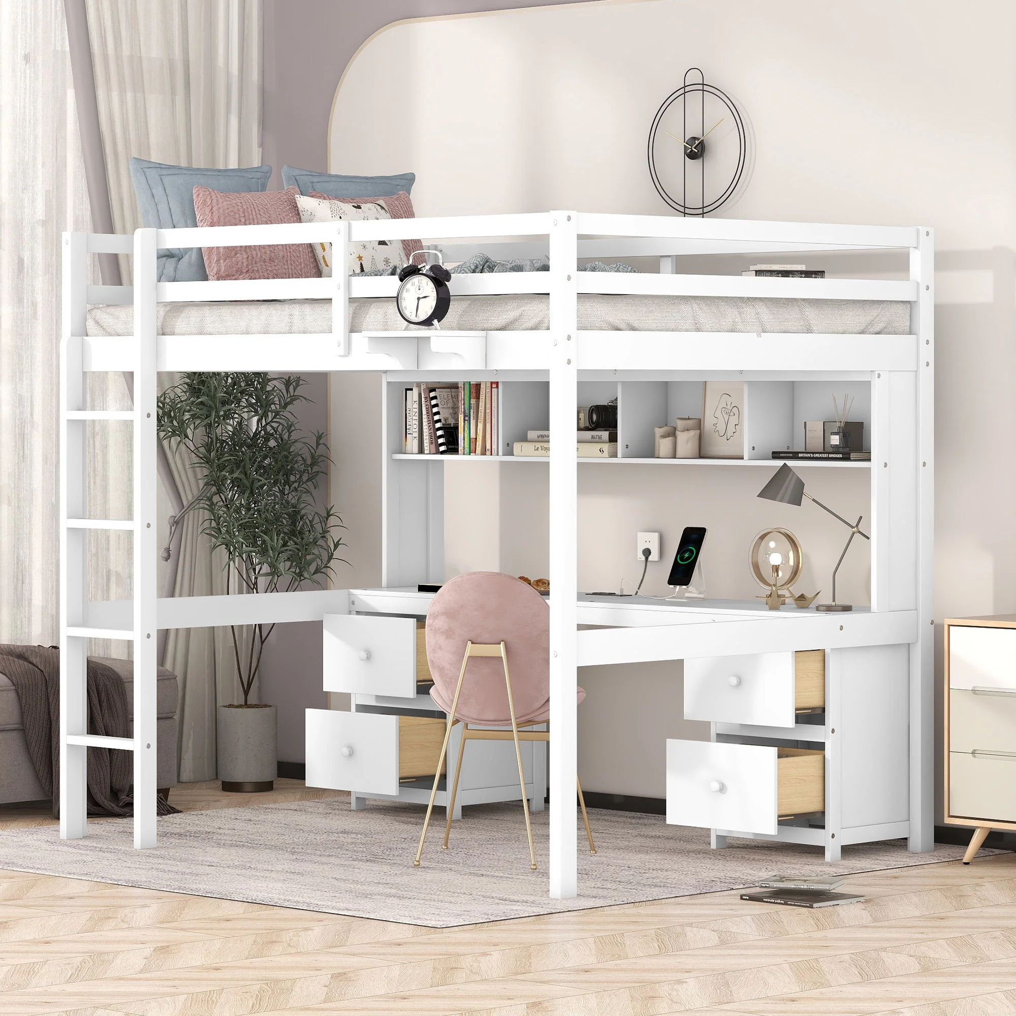 Full Size Loft Bed With Desk, Cabinets, Drawers, Charging Station And Bedside Tray, Sturdy Frame, No Box Spring Required - White - Image 4